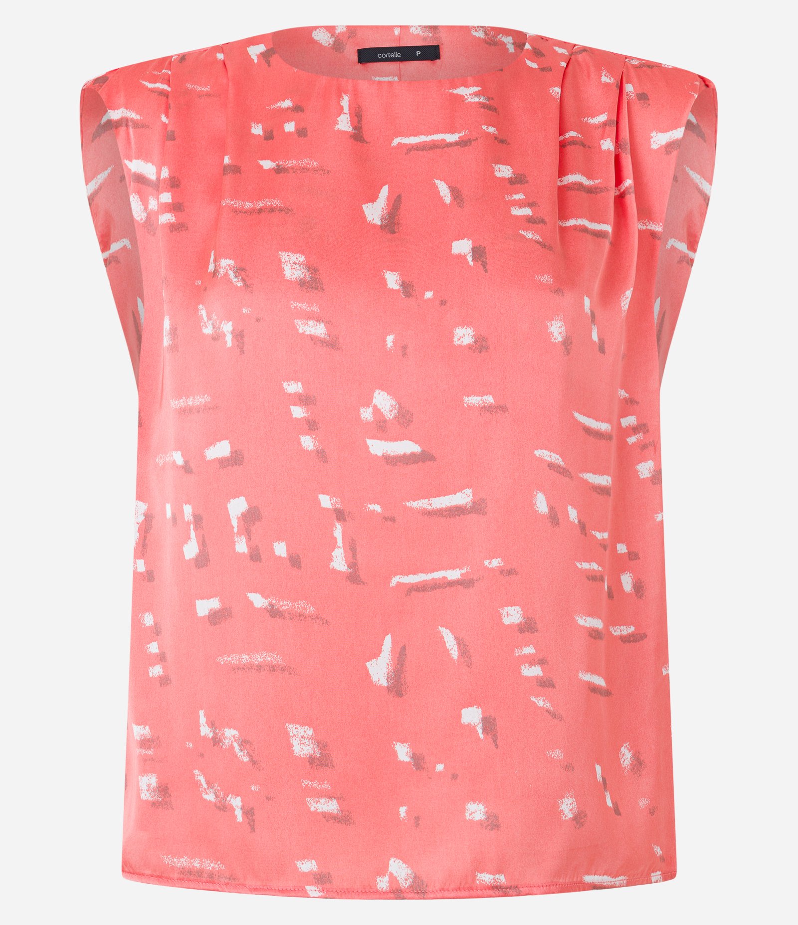 Blusa em Tecido Acetinado com Pregas no Ombro e Estampa Abstrata Rosa Coral 4