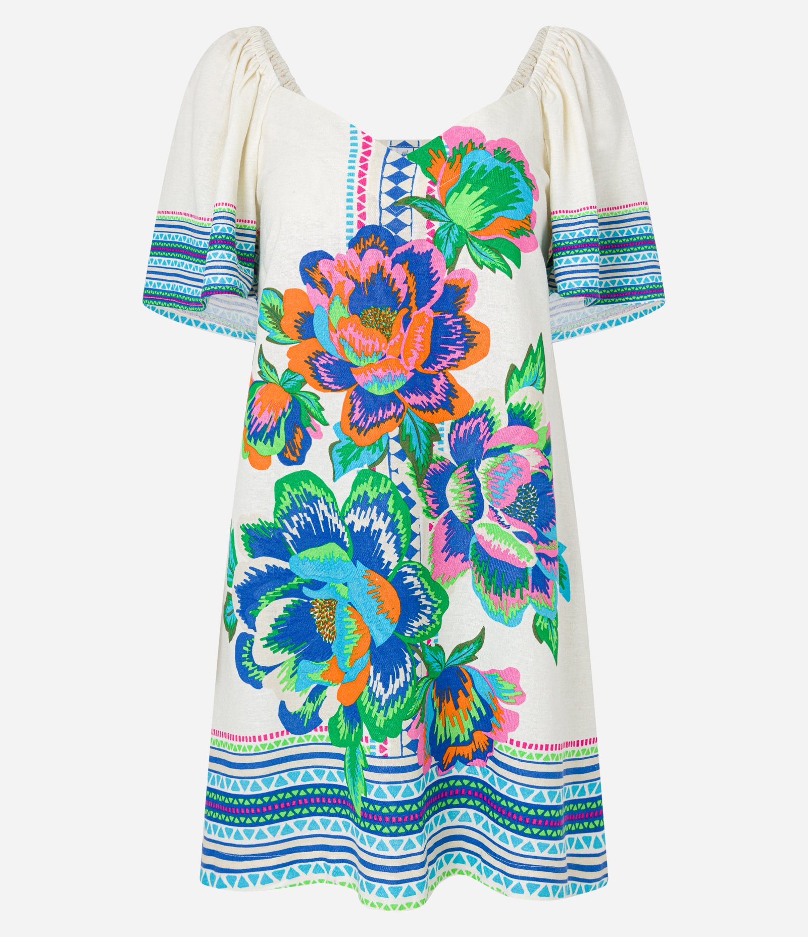 Vestido Curto em Viscose e Linho com Estampa Floral Étnica Multicores 4