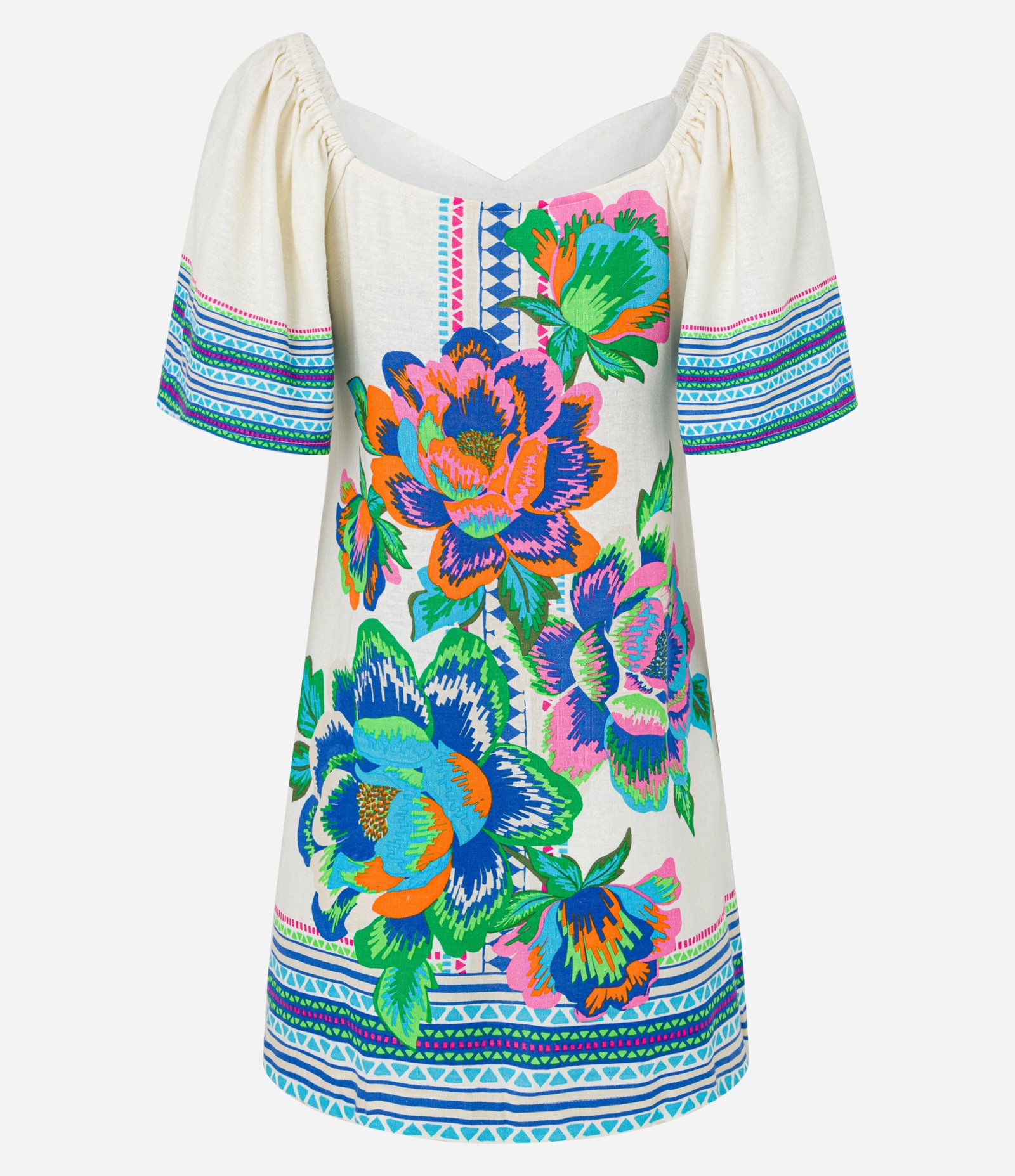 Vestido Curto em Viscose e Linho com Estampa Floral Étnica Multicores 6