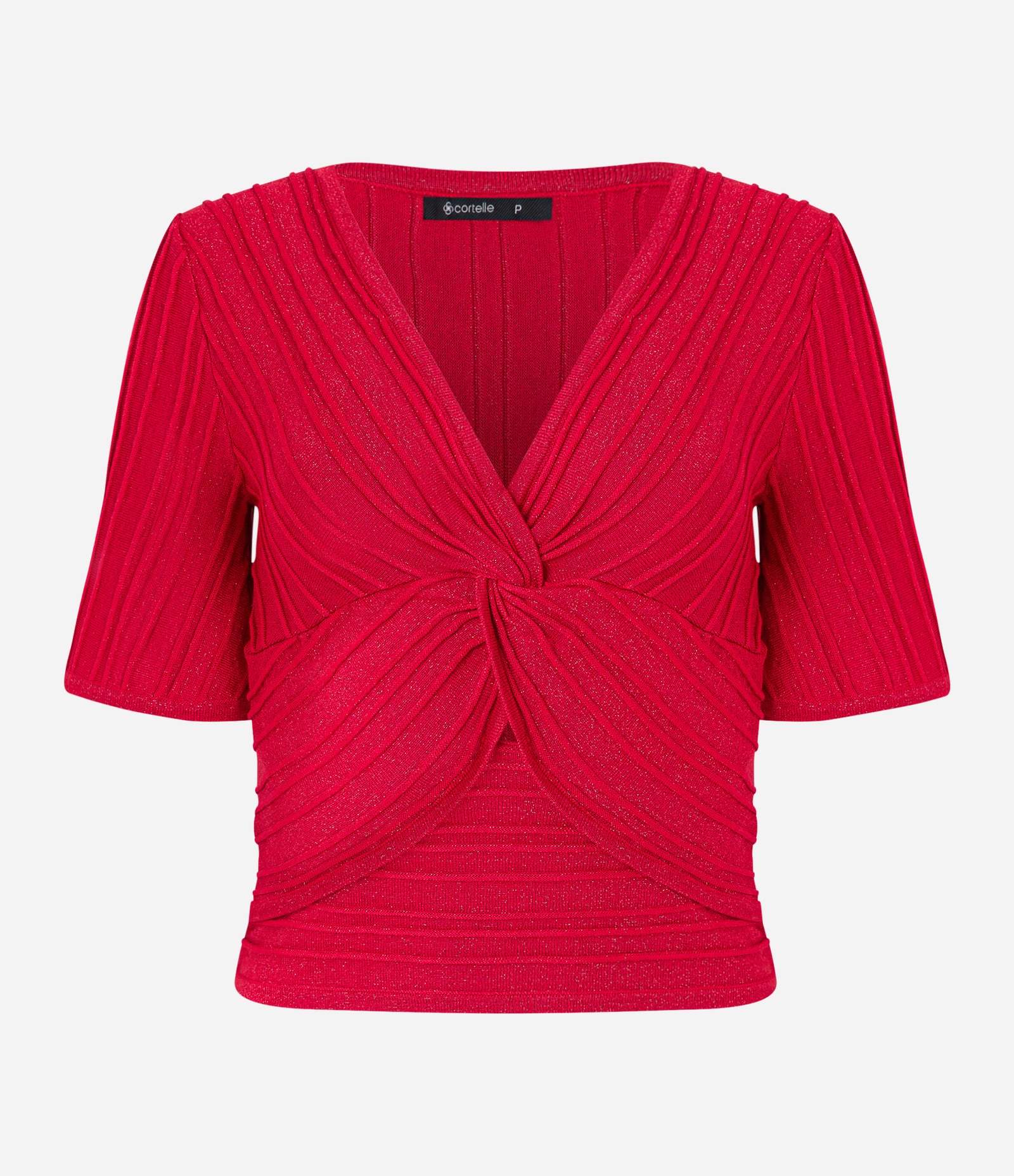 Blusa em Tricô com Fio Metalizado e Busto Torcido Vermelho 3