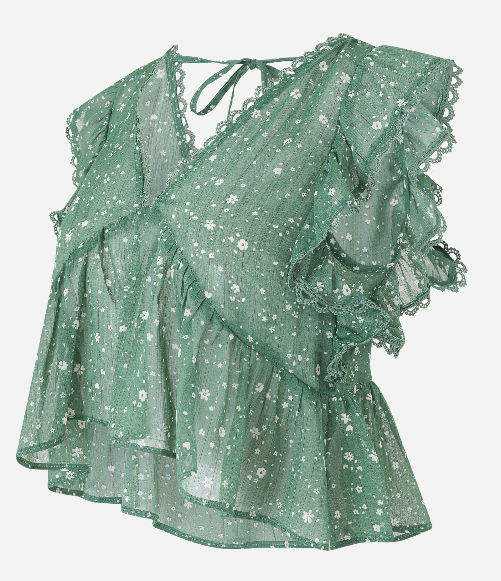 Blusa em Chiffon Texturizado com Babados e Estampa Floral Liberty Verde 6