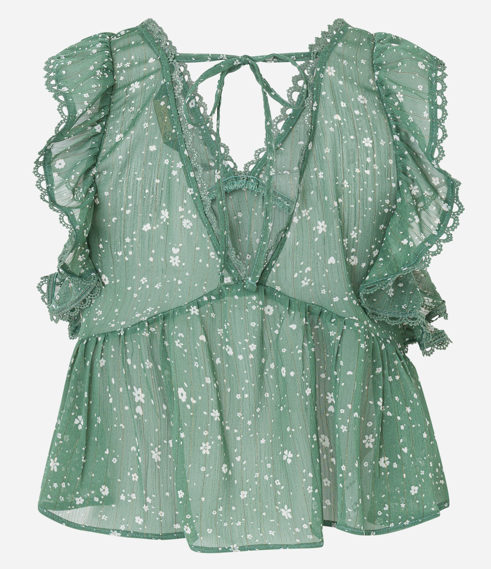 Blusa em Chiffon Texturizado com Babados e Estampa Floral Liberty Verde 7