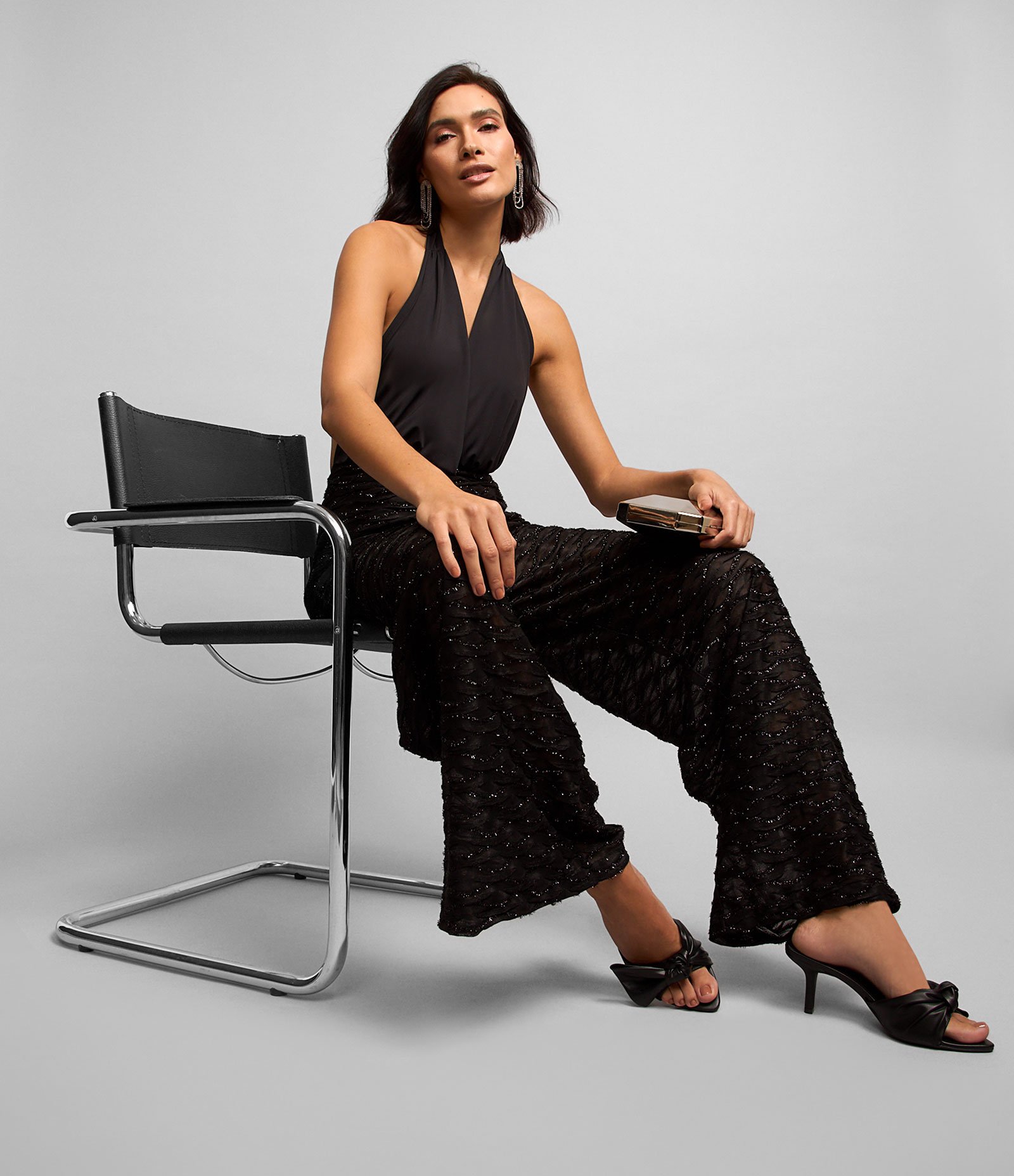 Calça Pantalona em Tule Metalizado e Forro Hot Pants Preto 6