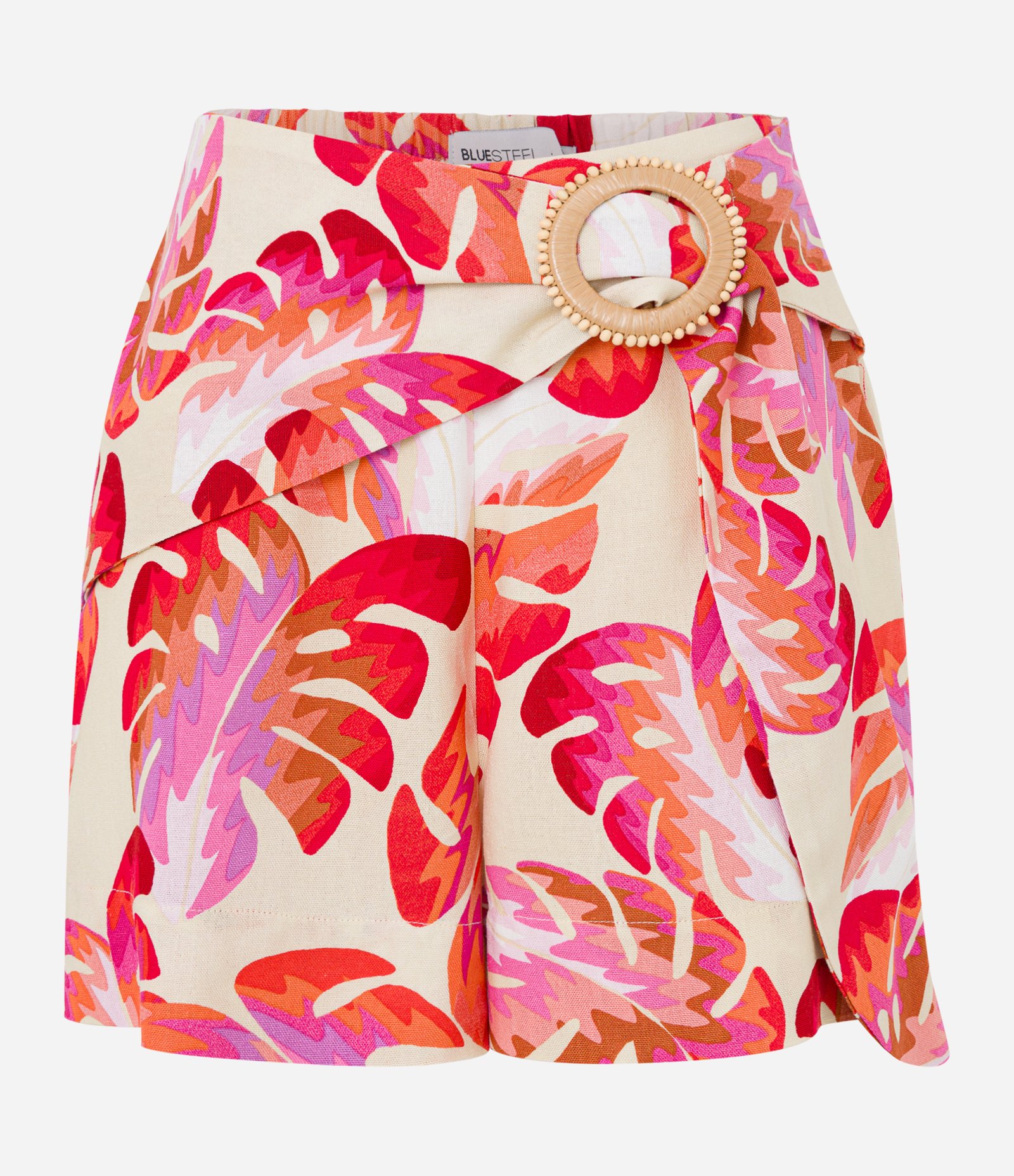 Short Curto em Viscose e Linho com Fivela e Estampa de Folhagens Bege 5