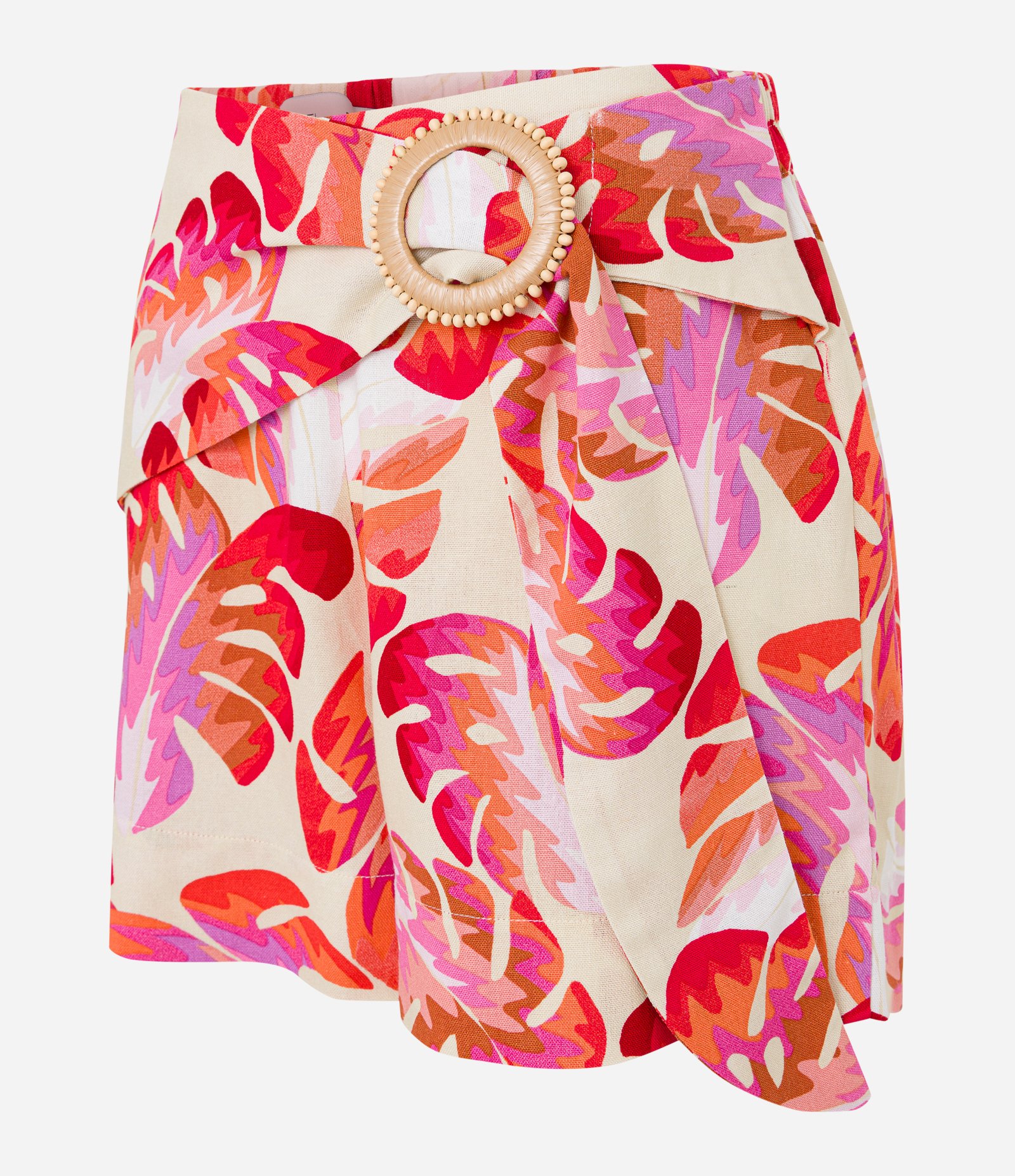 Short Curto em Viscose e Linho com Fivela e Estampa de Folhagens Bege 6