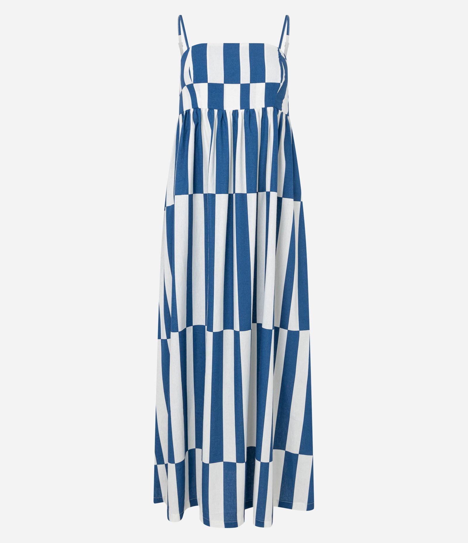 Vestido New Midi em Tricoline com Alcinhas Finas e Lastex nas Costas Branco/Azul 5
