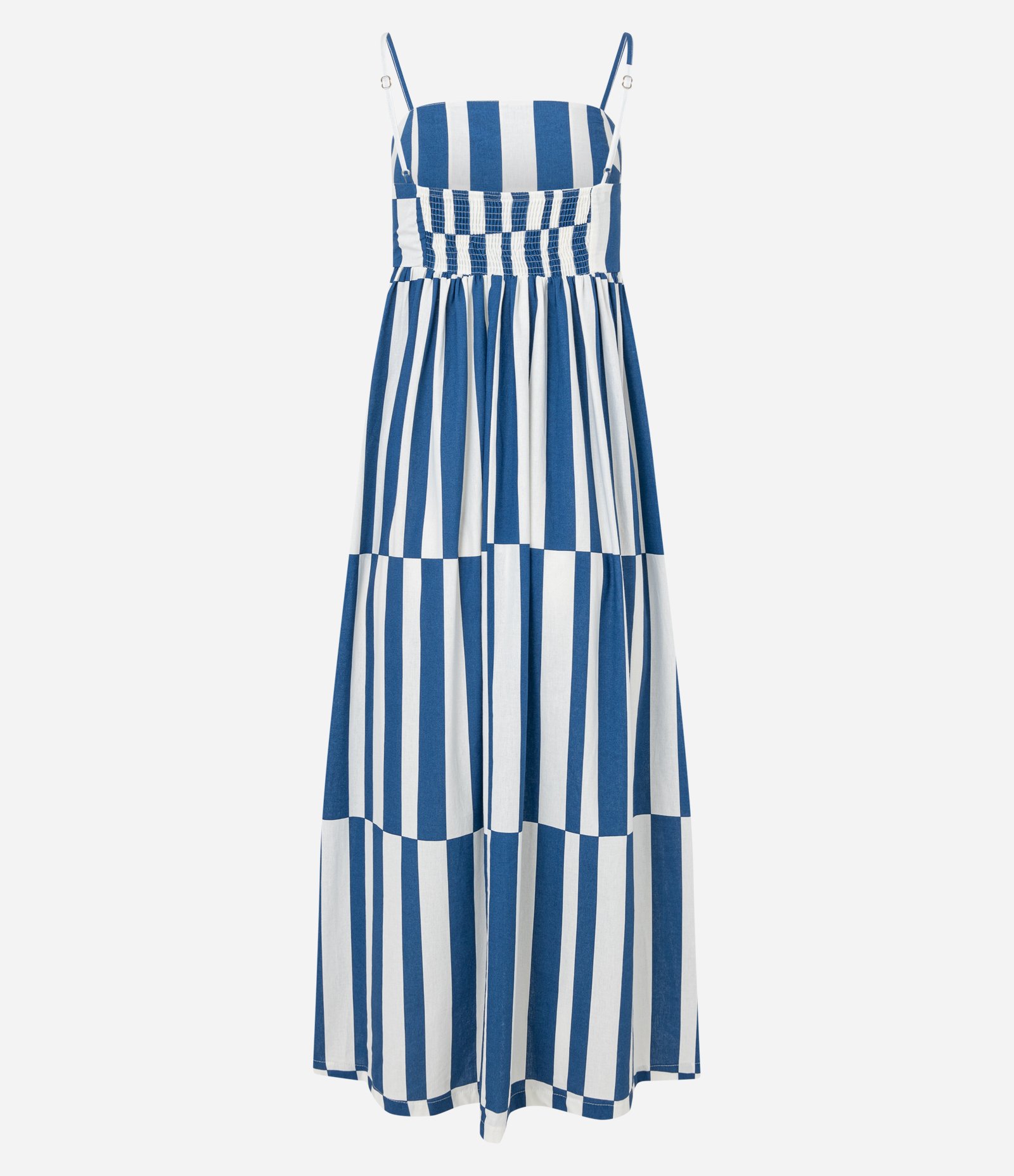 Vestido New Midi em Tricoline com Alcinhas Finas e Lastex nas Costas Branco/Azul 6