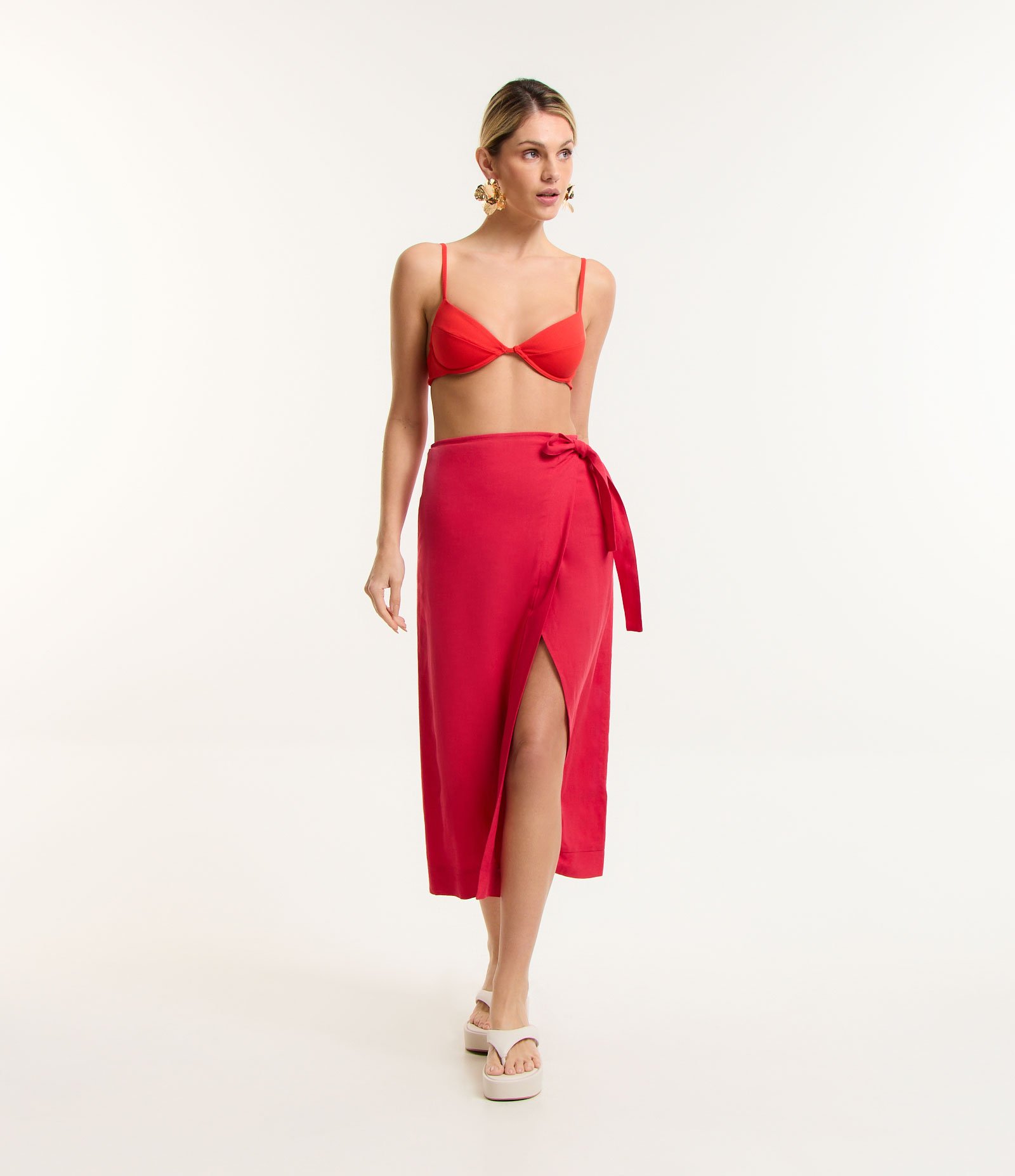 Saída de Praia Saia Midi Envelope em Viscose Vermelho 1