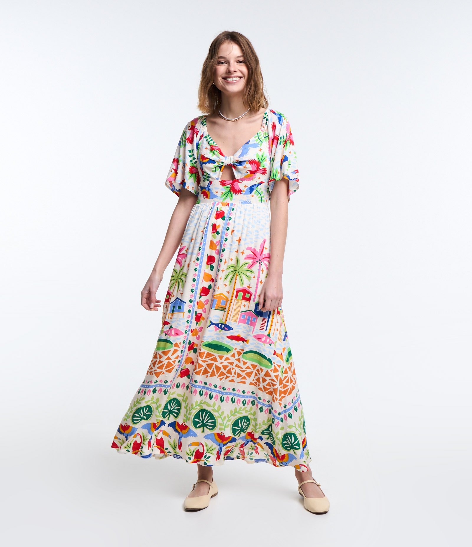 Vestido New Midi Em Viscose Recort Eno Busto E Estampa Paisagens Bege