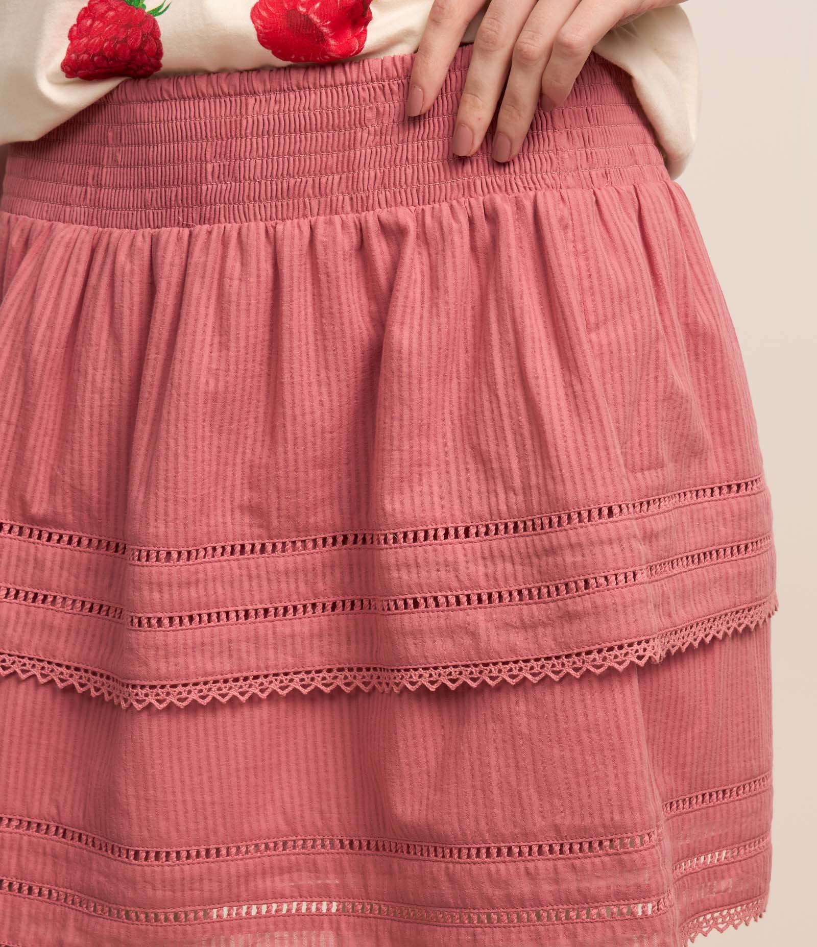 Saia Curta em Cambraia com Babados e Entremeios Rosa 4