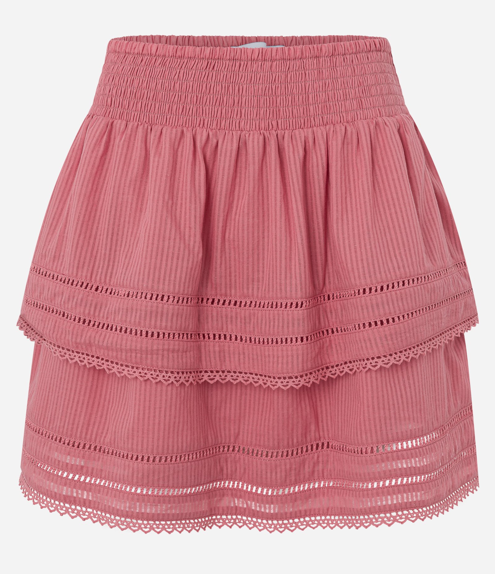 Saia Curta em Cambraia com Babados e Entremeios Rosa 5
