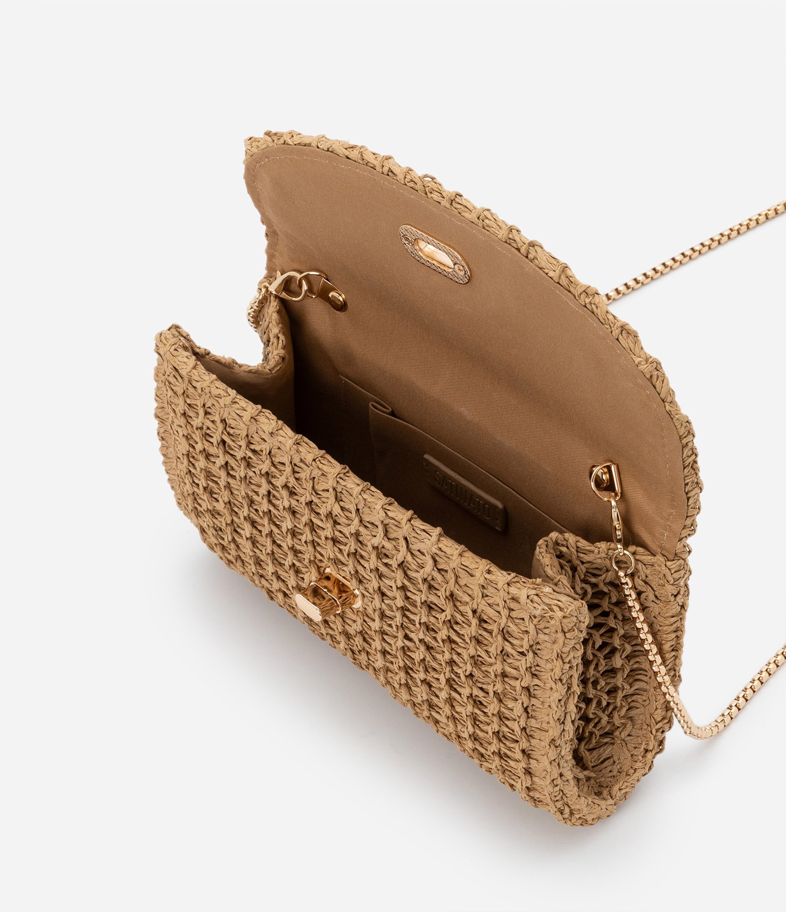 Bolsa Transversal Pequena em Ráfia com Locker de Metal e Alça de Corrente Bege 6