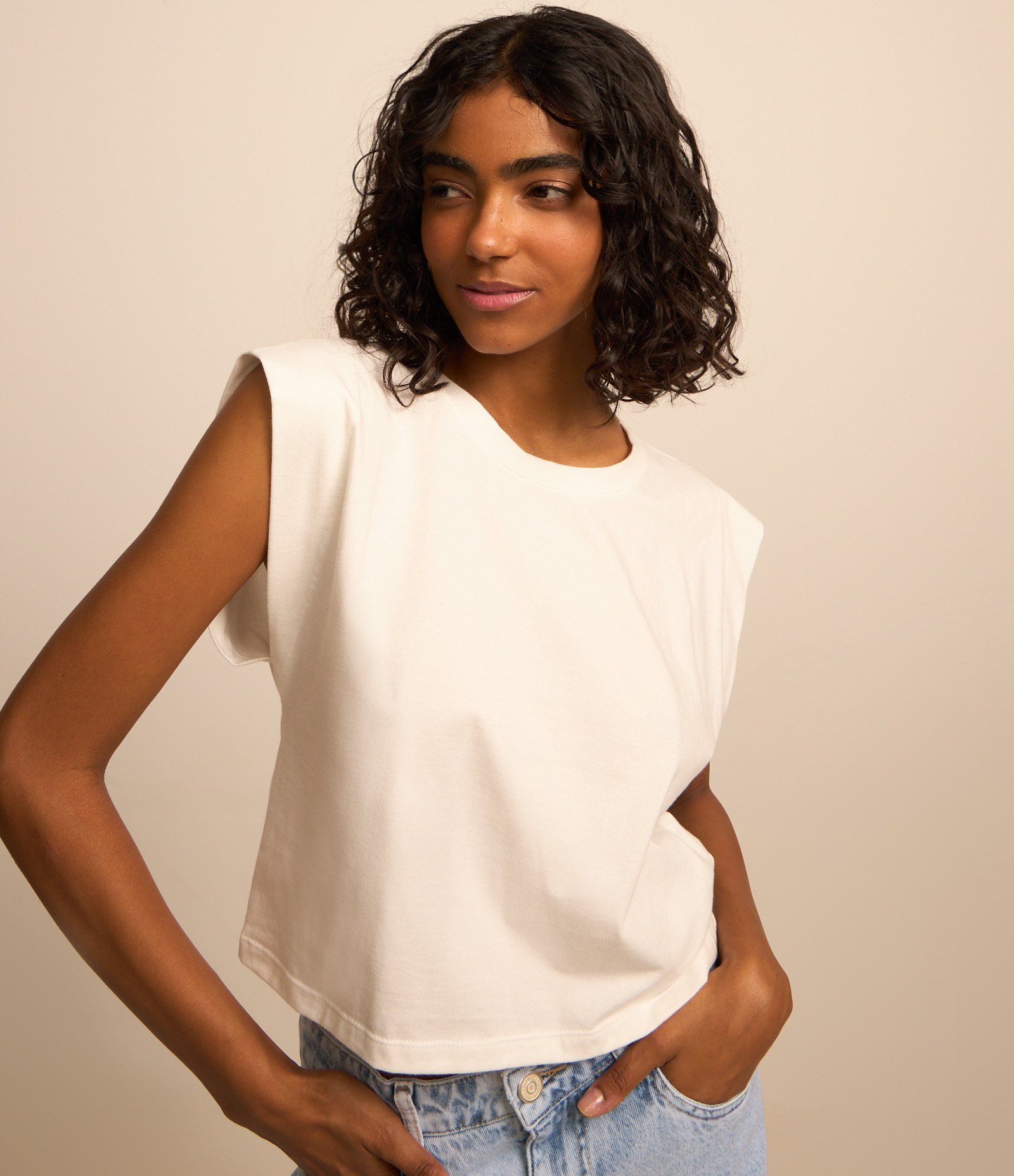 Blusa sem Manga em Algodão Efeito Ombreira Branco 3