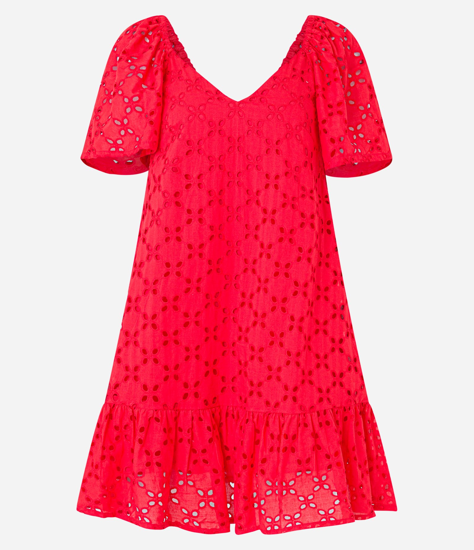 Vestido Curto em Laise com Bordado Floral e Elástico no Ombro Vermelho 4