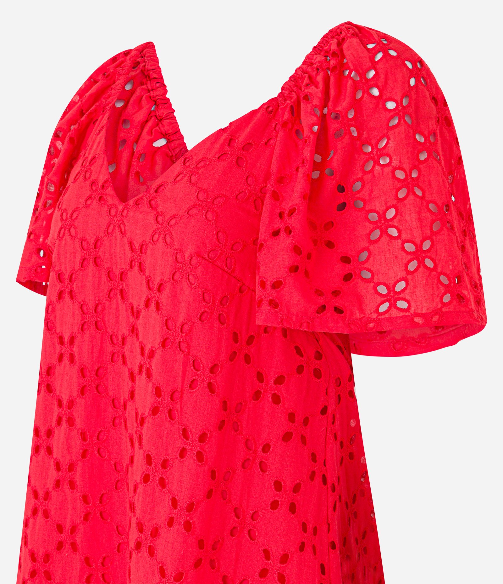 Vestido Curto em Laise com Bordado Floral e Elástico no Ombro Vermelho 5