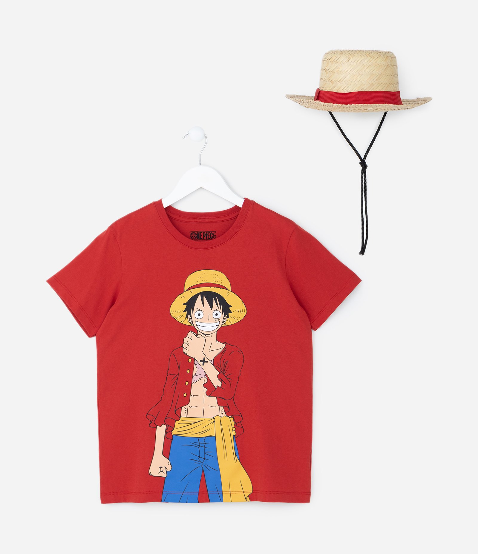 Camiseta Infantil com Estampa One Piece e Chapéu de Palha - Tam 7 a 14 Anos Vermelho 1