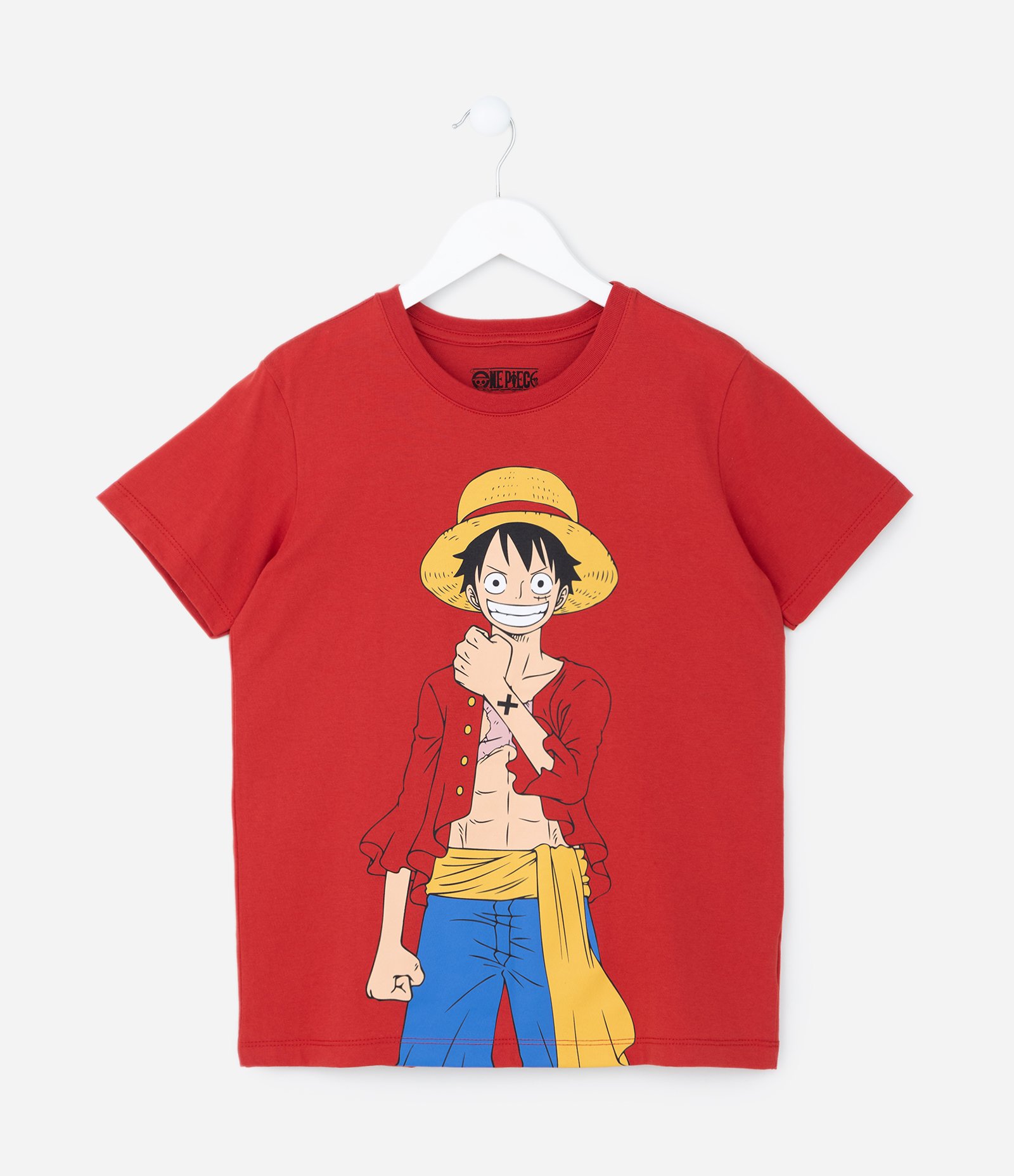 Camiseta Infantil com Estampa One Piece e Chapéu de Palha - Tam 7 a 14 Anos Vermelho 2