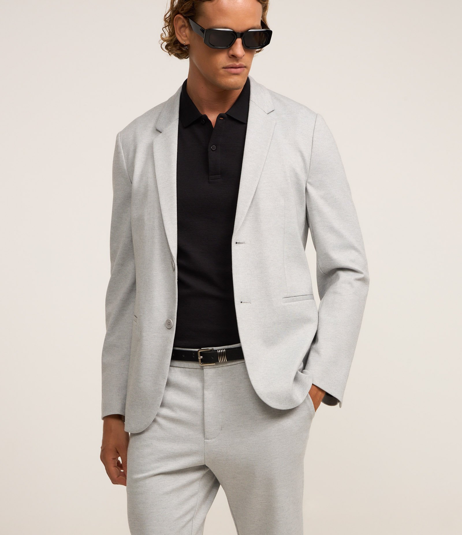 Blazer Super Slim de Malha sem Forro Cinza Claro 1