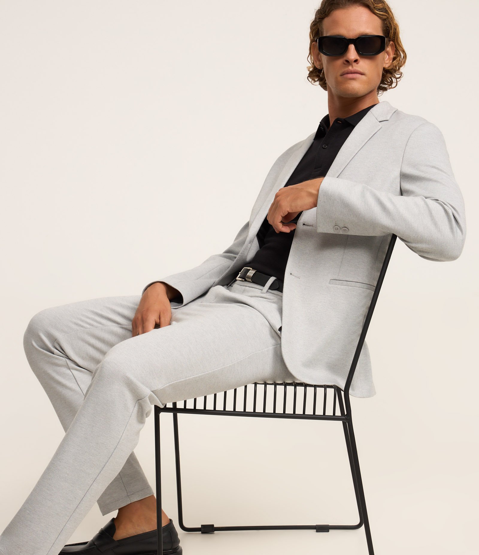 Blazer Super Slim de Malha sem Forro Cinza Claro 3