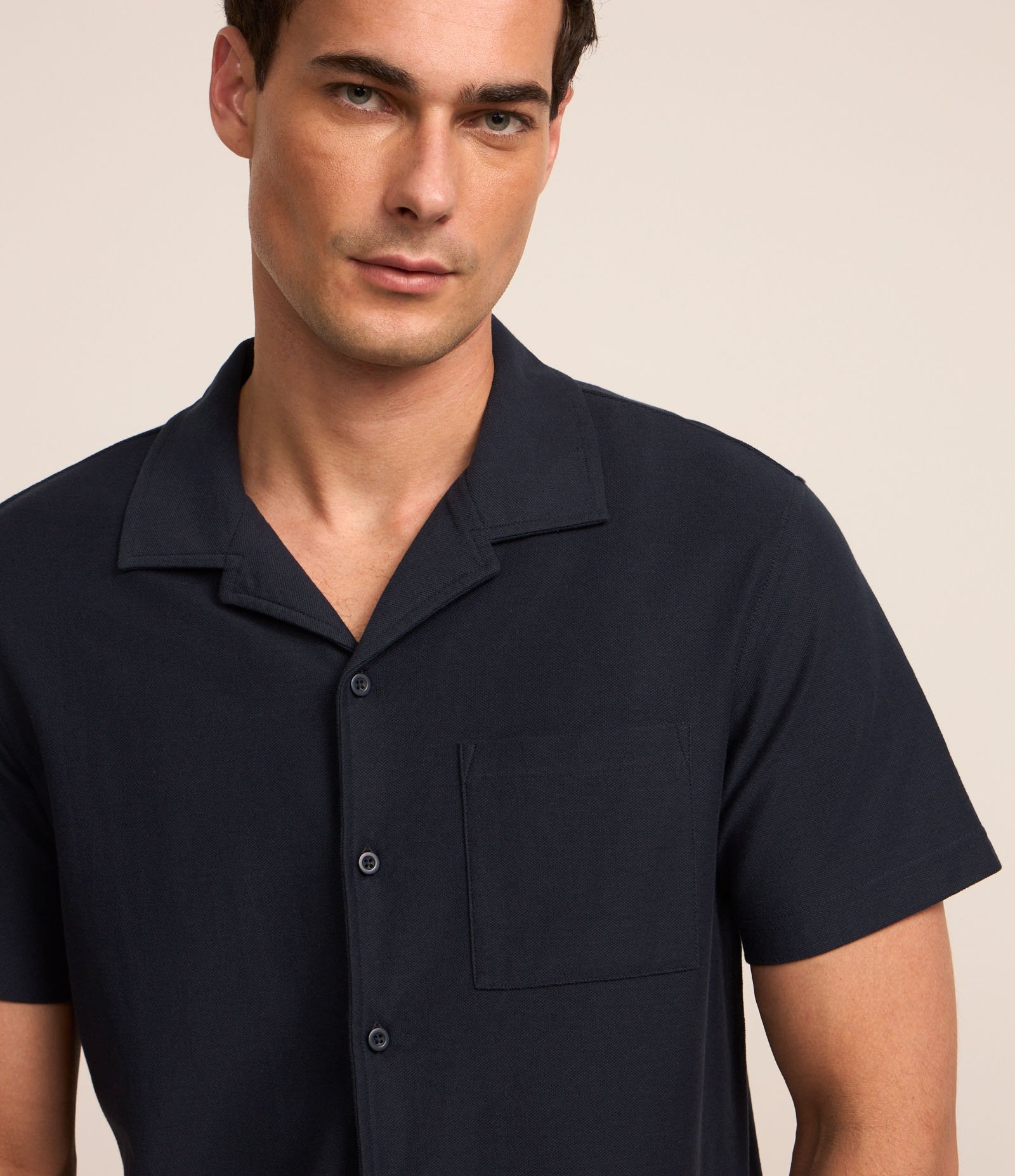 Camisa em Piquet com Textura e Bolso Frontal Azul Marinho 3