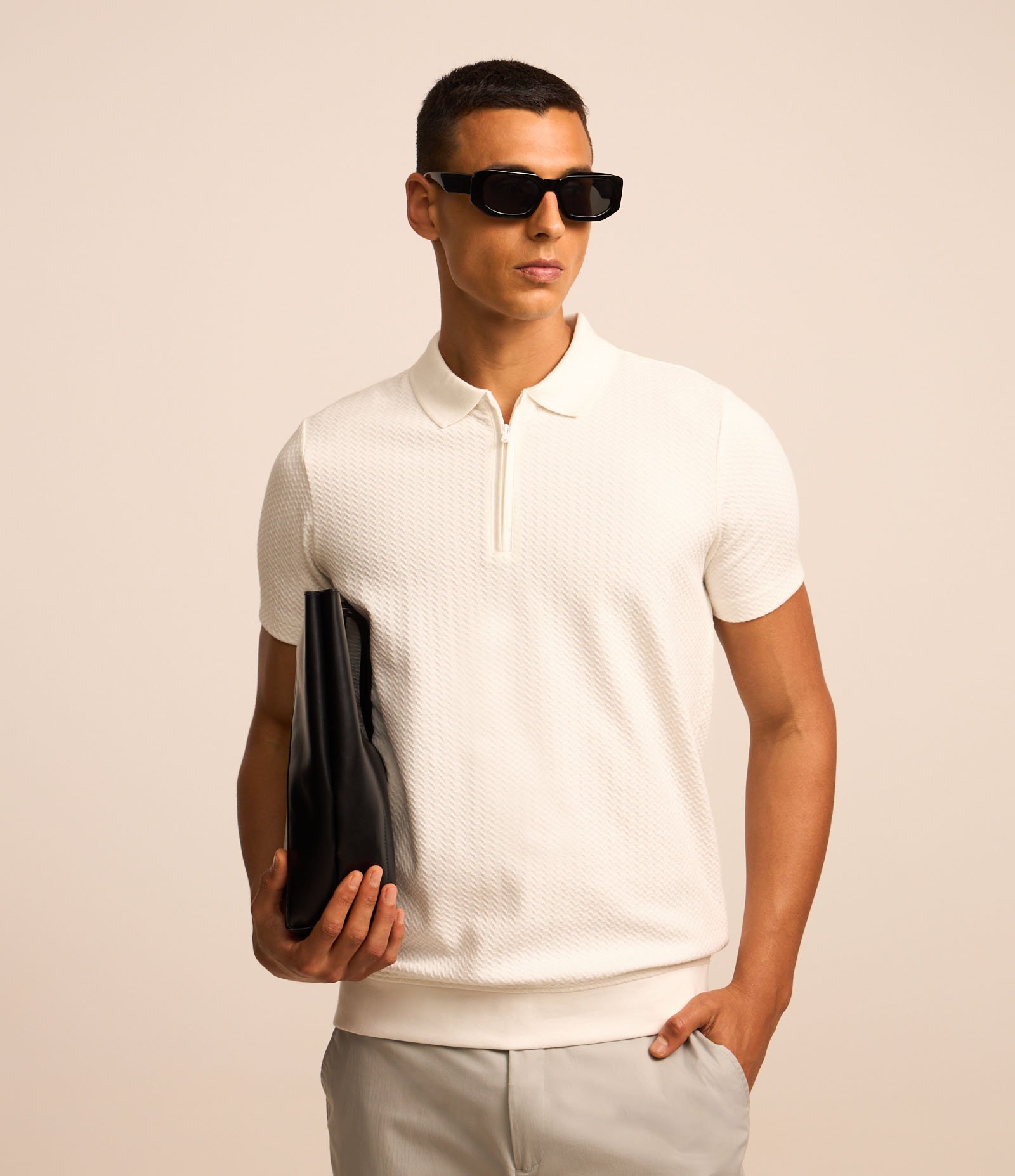 Camisa Polo Slim em Algodão com Textura e Zíper Branco Neve 1