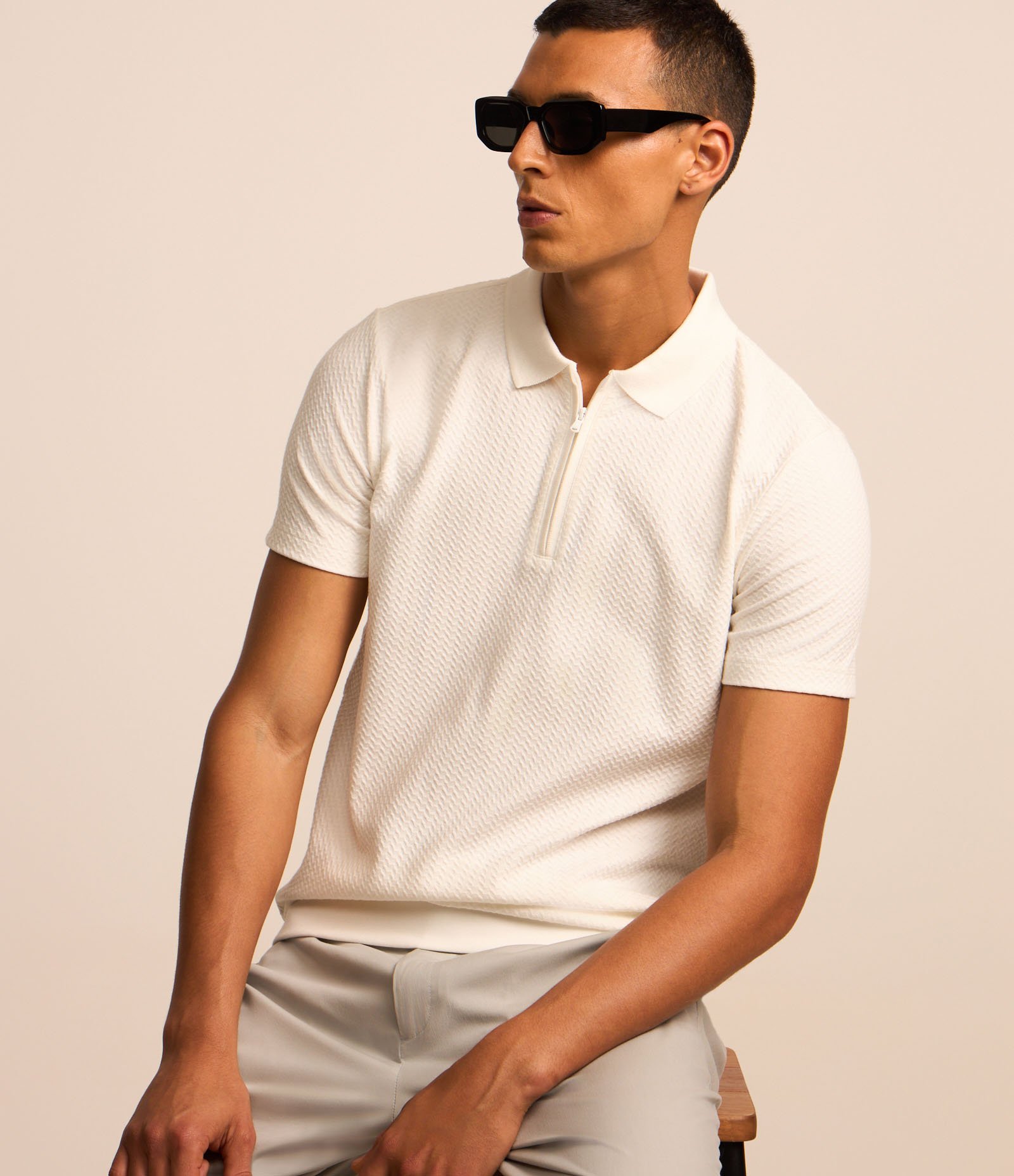 Camisa Polo Slim em Algodão com Textura e Zíper Branco Neve 6