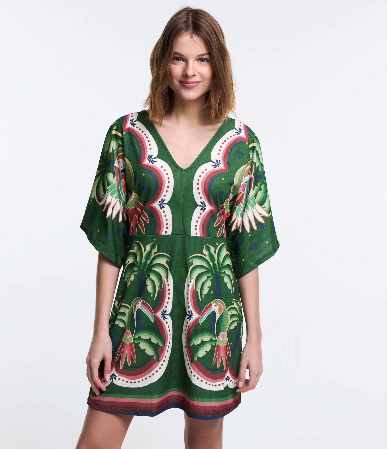 Vestido Curto Texturizado e Estampa Tropical Verde 1