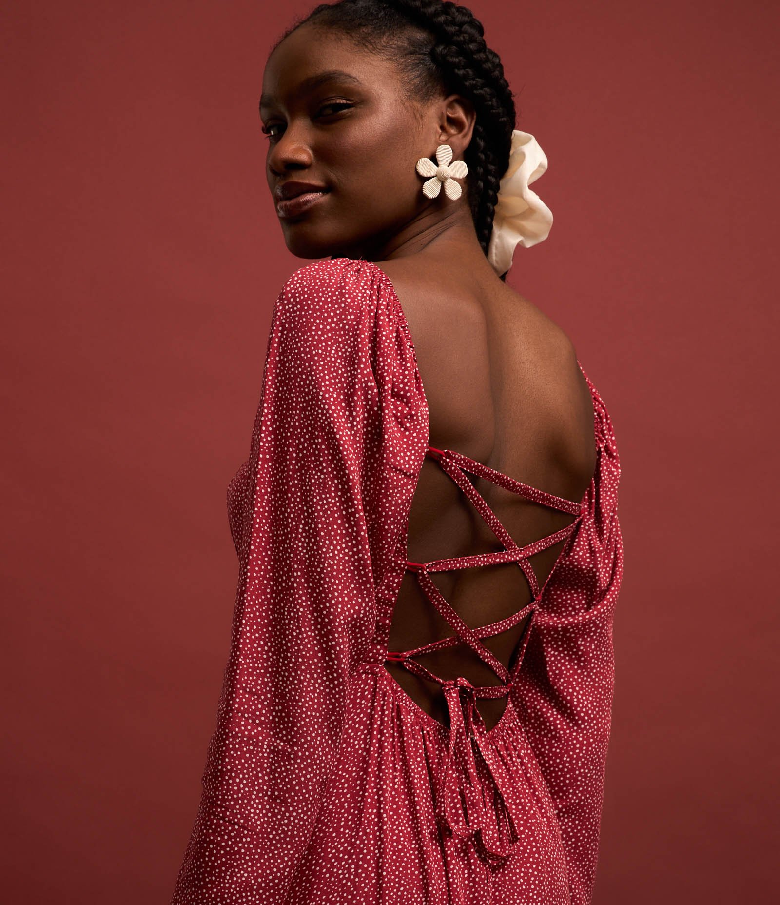 Vestido New Midi em Viscose Poá com Amarração nas Costas Vermelho 3