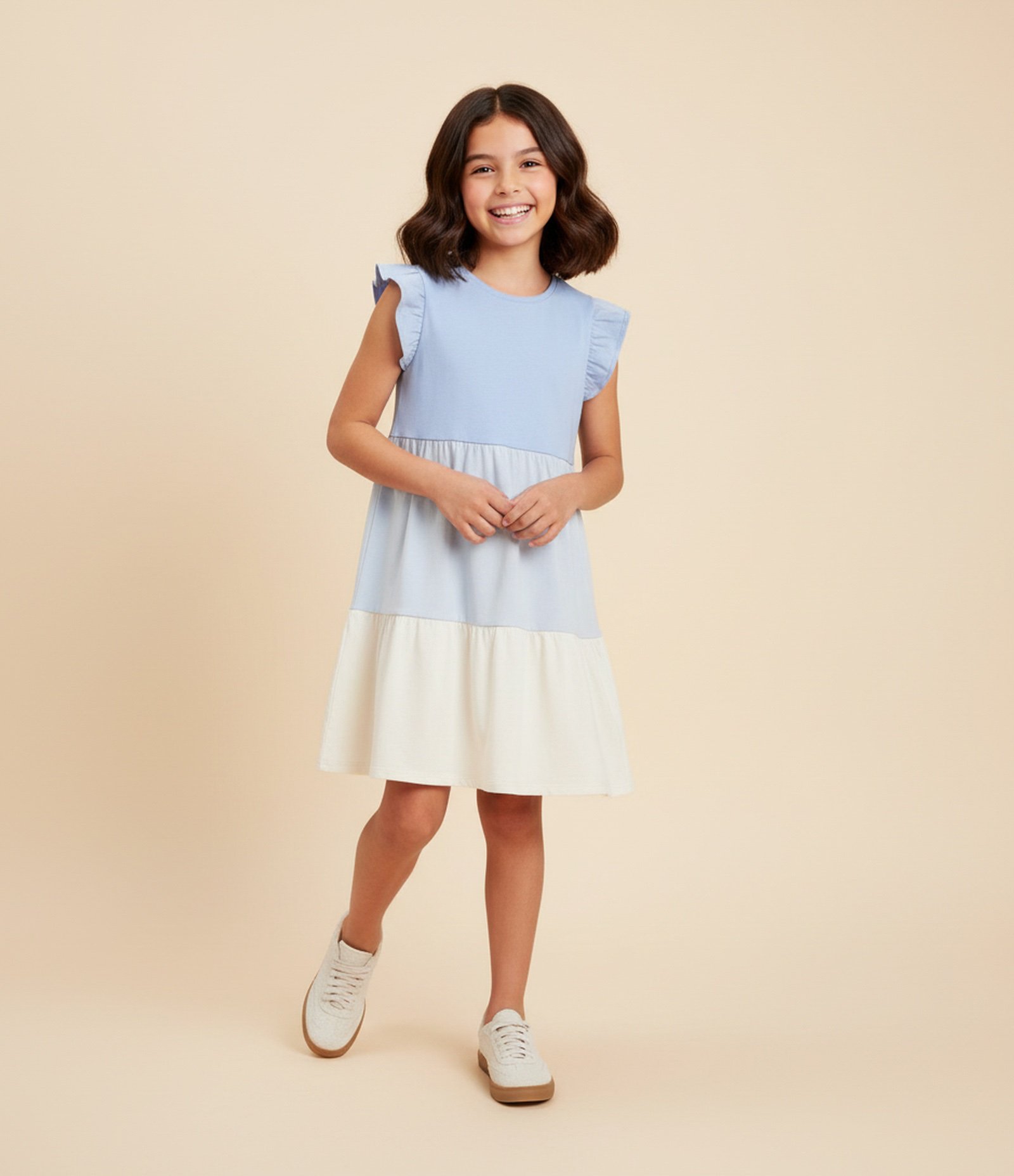 Vestido Infantil em Algodão com Blocos de Cor e Franzidos - Tam 5 a 14 anos Azul 1