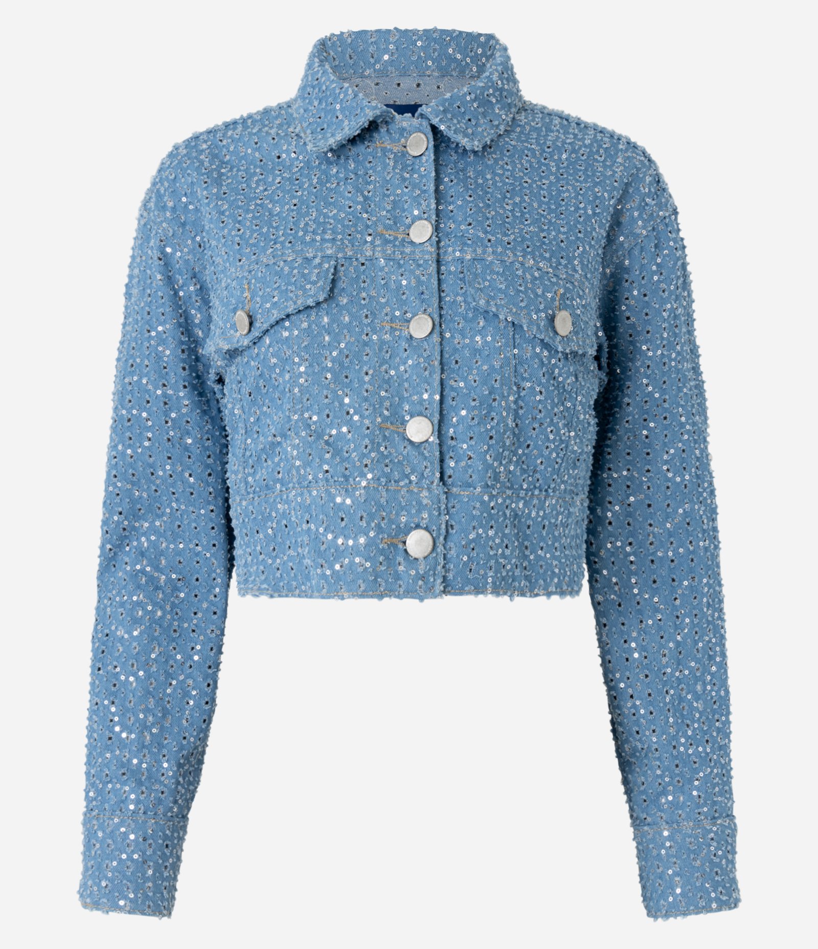 Jaqueta Cropped em Jeans com Paetês Azul 5