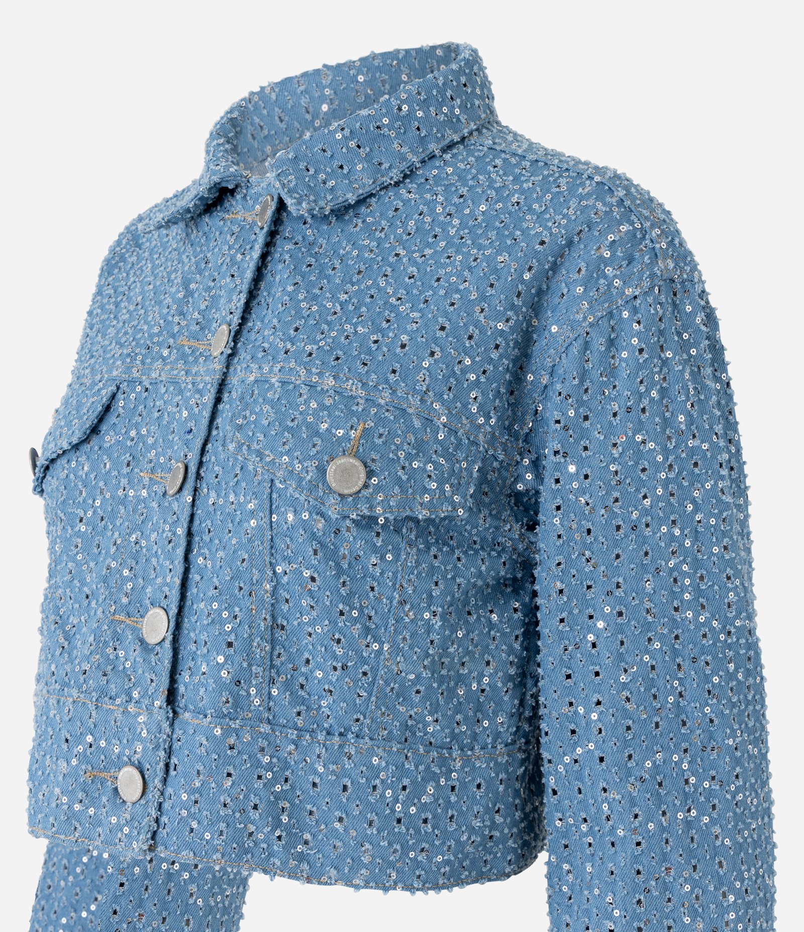 Jaqueta Cropped em Jeans com Paetês Azul 6
