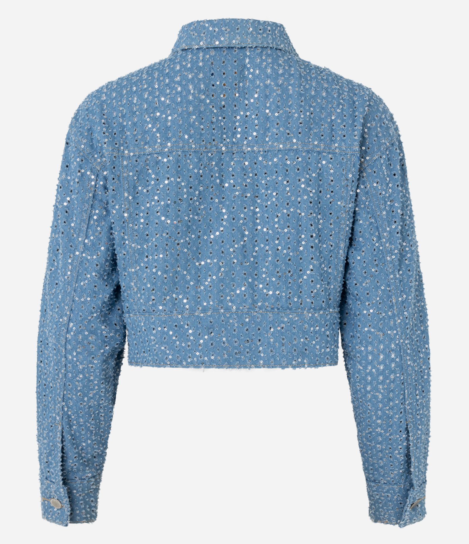Jaqueta Cropped em Jeans com Paetês Azul 7