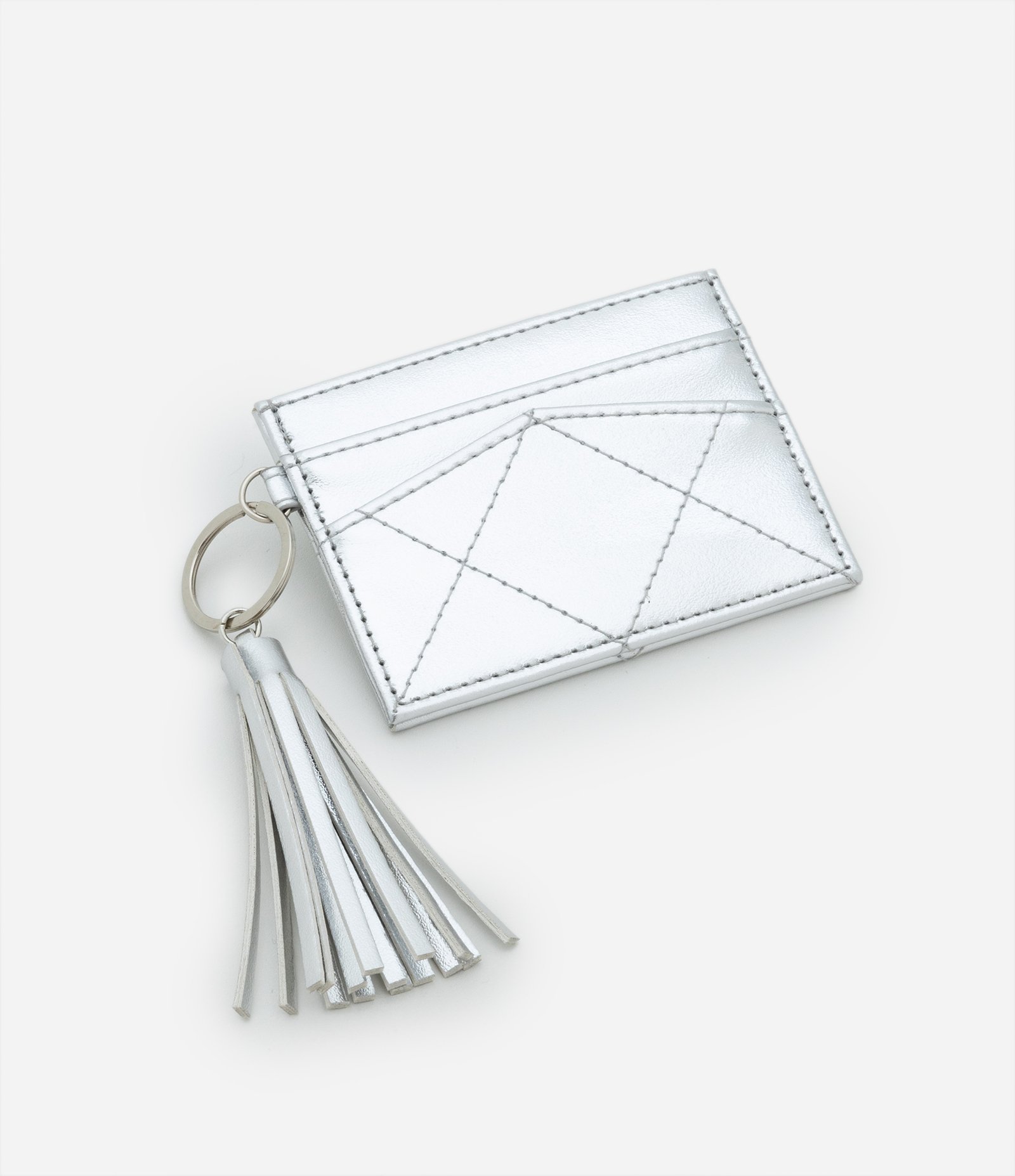 Carteira Porta Cartão Pequena Metalizada com Detalhe de Tassel Prata 1