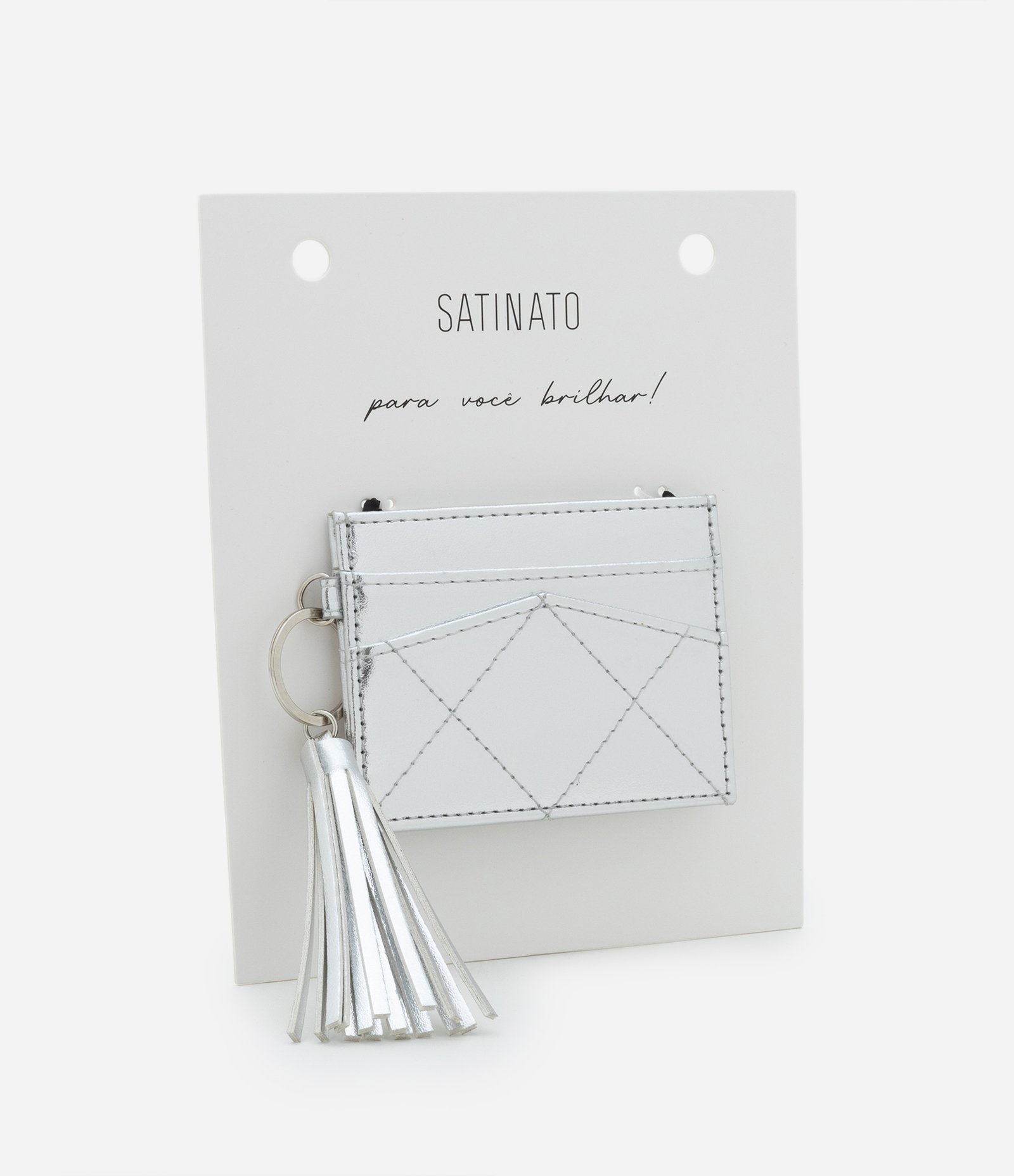 Carteira Porta Cartão Pequena Metalizada com Detalhe de Tassel Prata 2