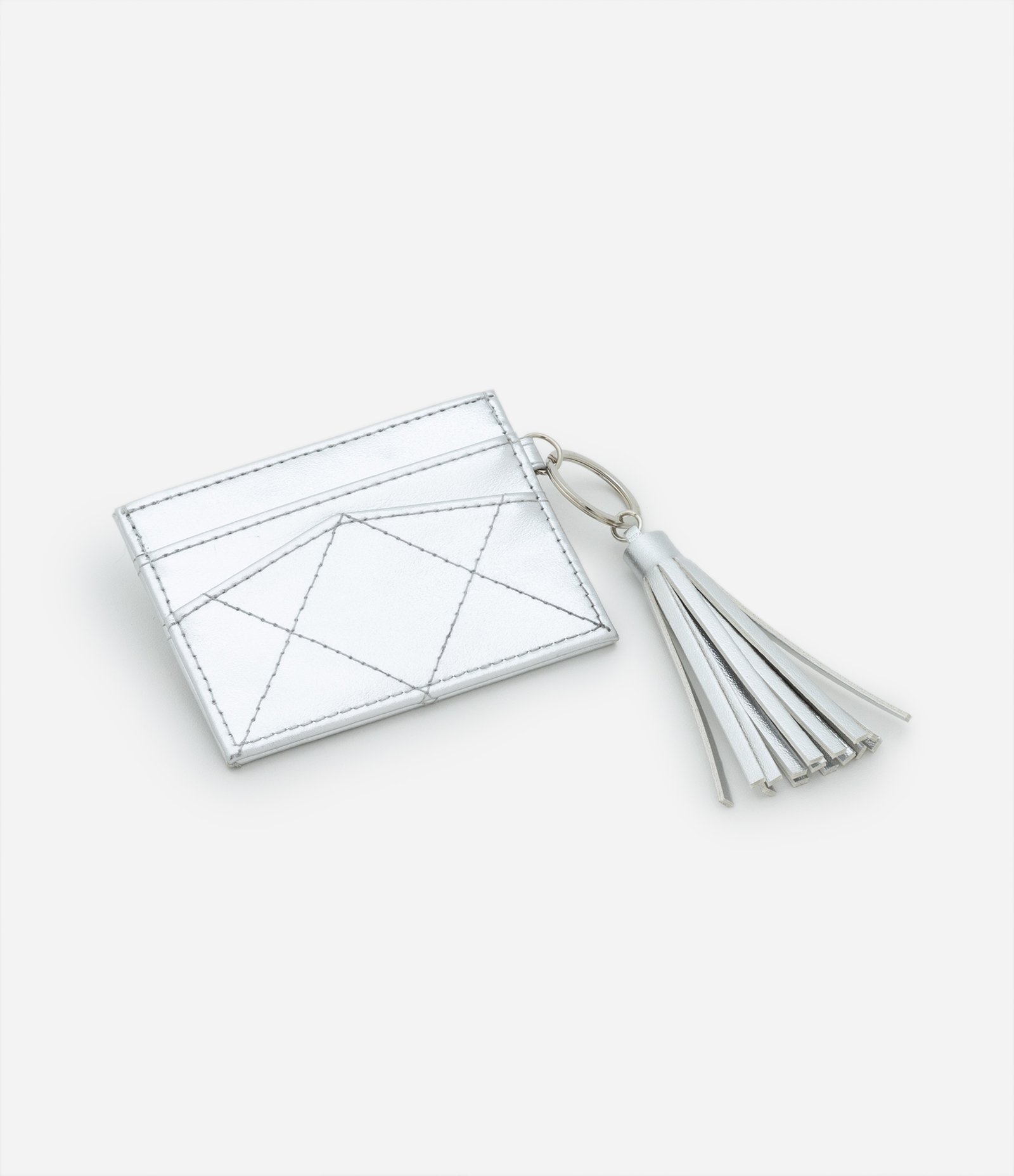 Carteira Porta Cartão Pequena Metalizada com Detalhe de Tassel Prata 3