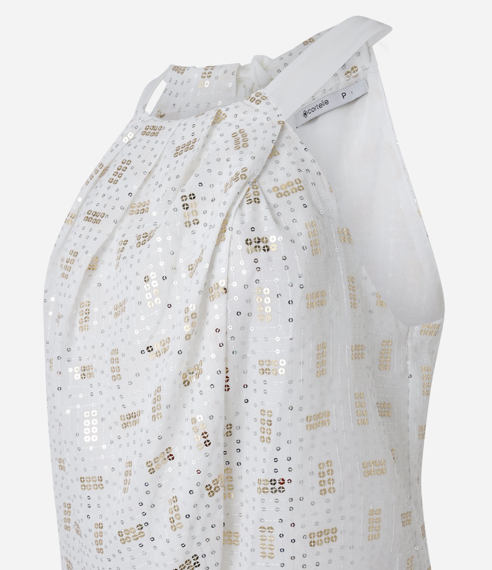 Blusa sem manga em Chiffon com Detalhes em Paetê Branco 2