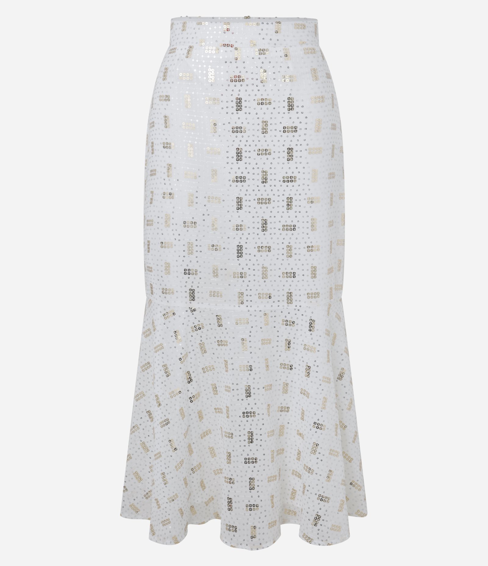 Saia Midi Evasê em Chiffon com Bordado de Paetê Branco 1