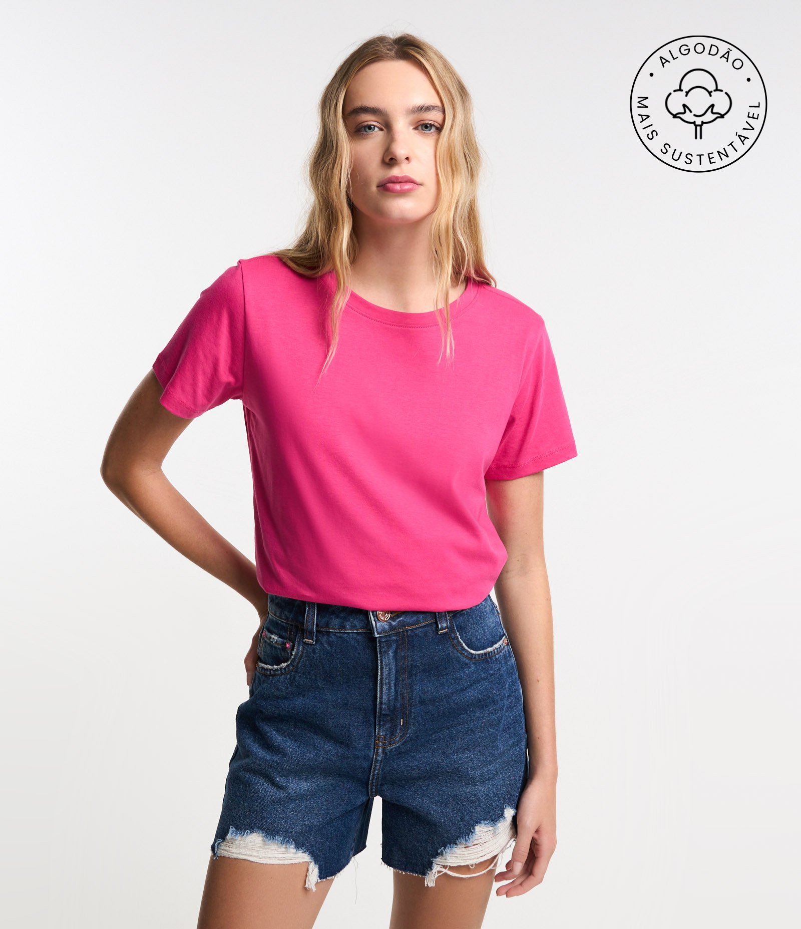 Camiseta Básica em Algodão com Manga Curta Rosa Pink 1