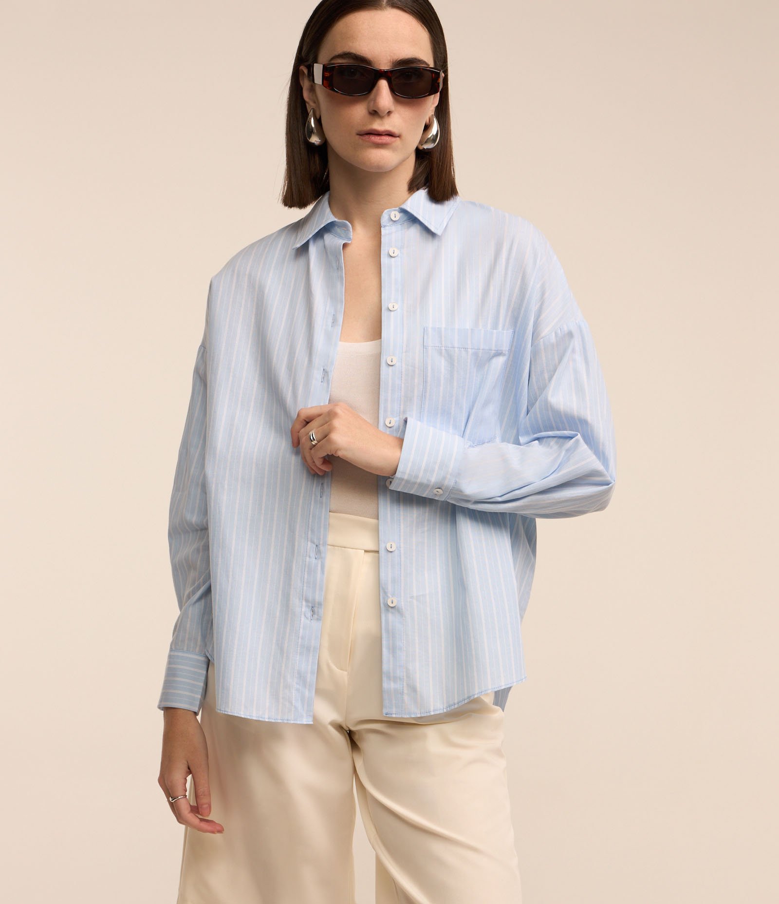 Camisa em Tricoline com Estampa Listrada e Bolso no Peito Azul 1