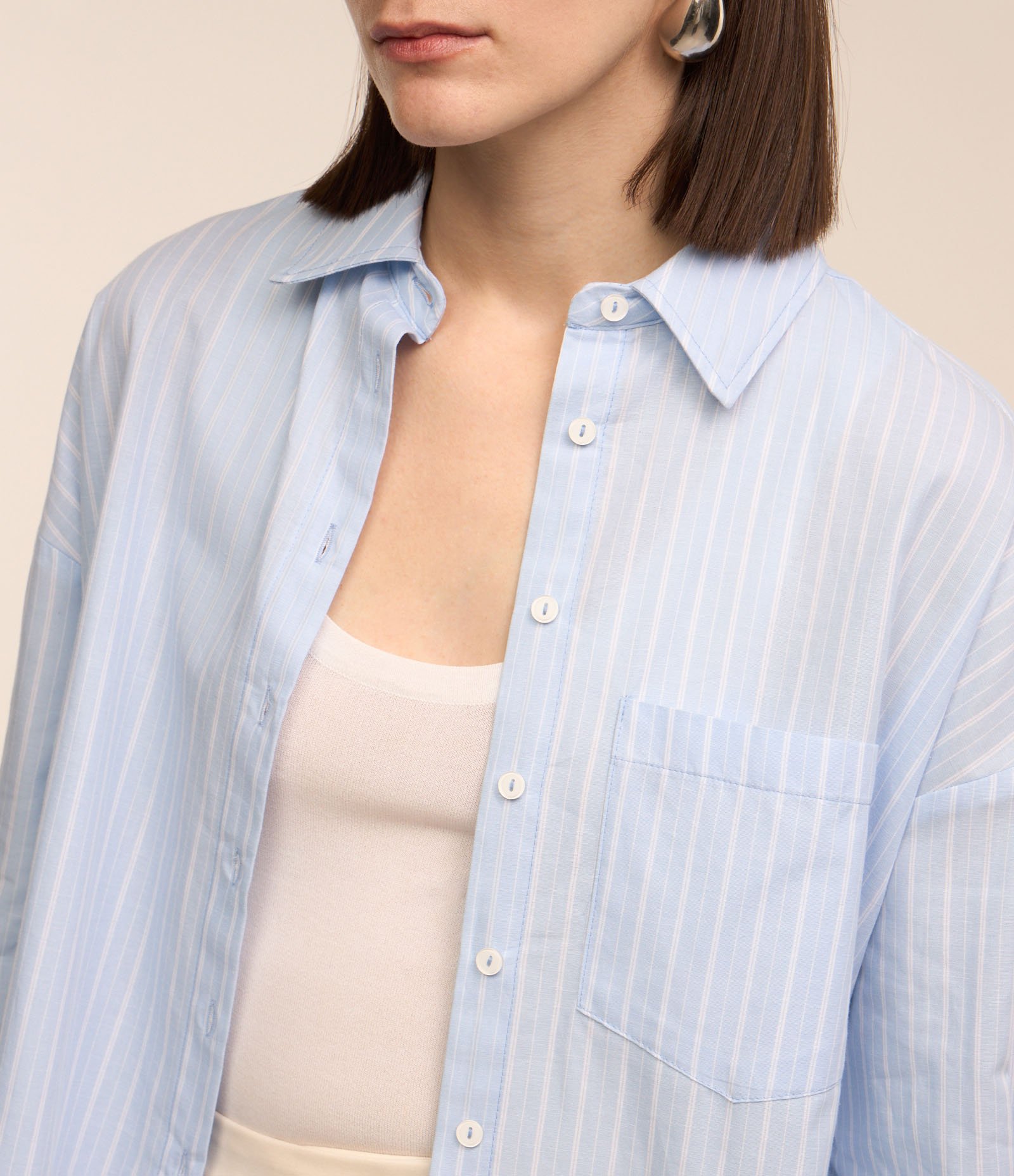 Camisa em Tricoline com Estampa Listrada e Bolso no Peito Azul 3