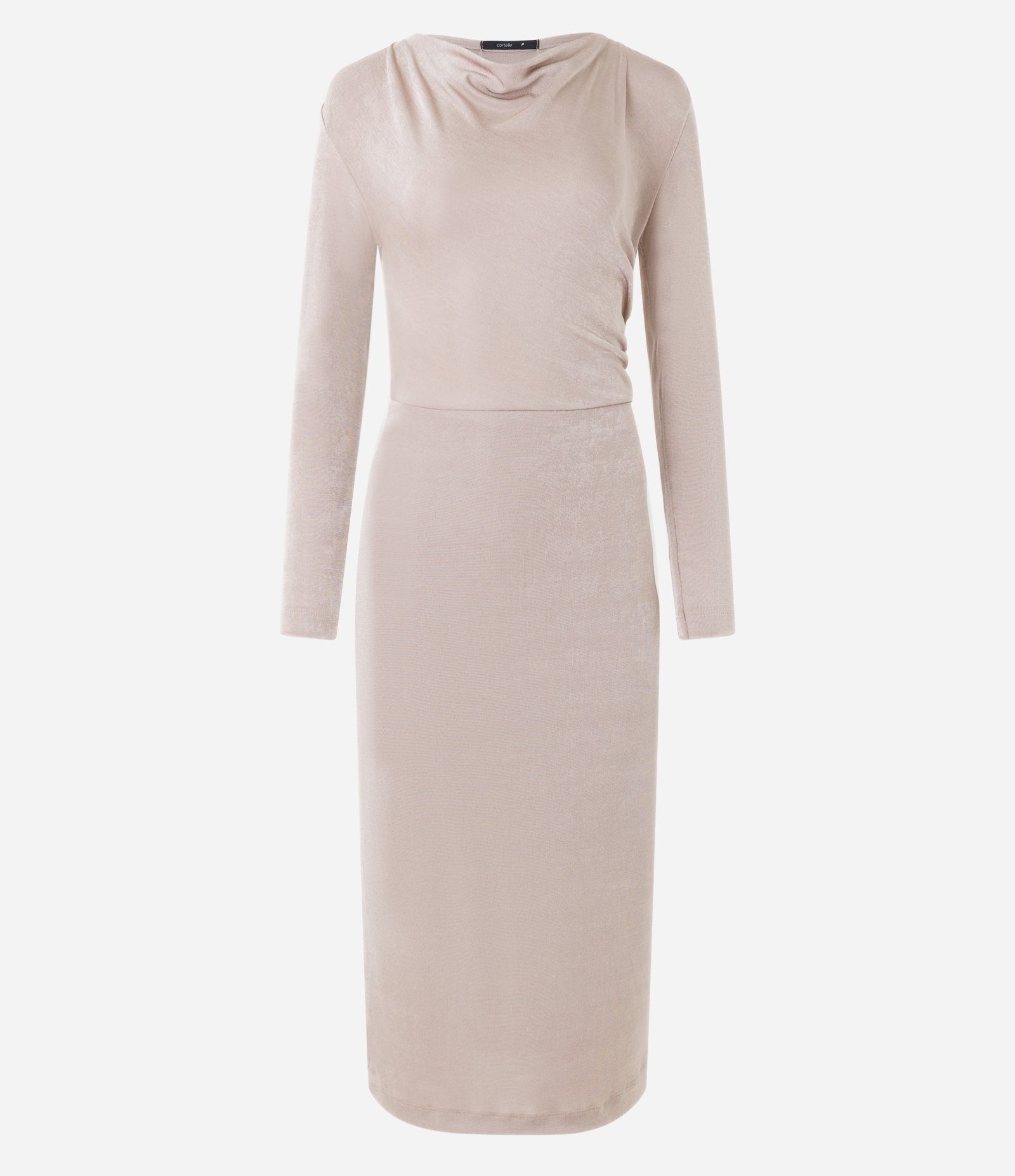 Vestido em Malha Polyvelour com Gola Degagê e Detalhe Drapeado Bege 5