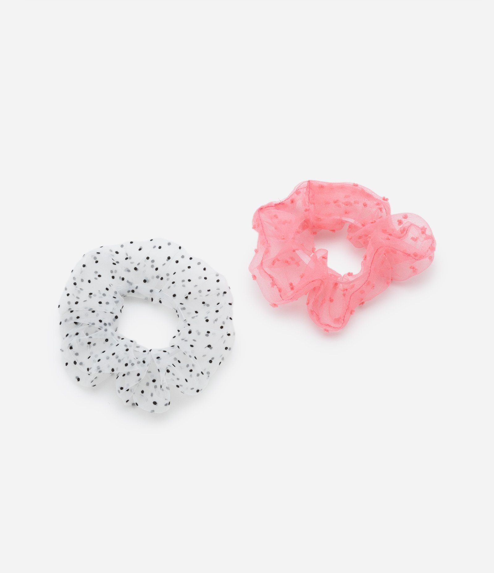 Kit 02 Scrunchies em Tule com Estampa em Poá Rosa/Branco 1