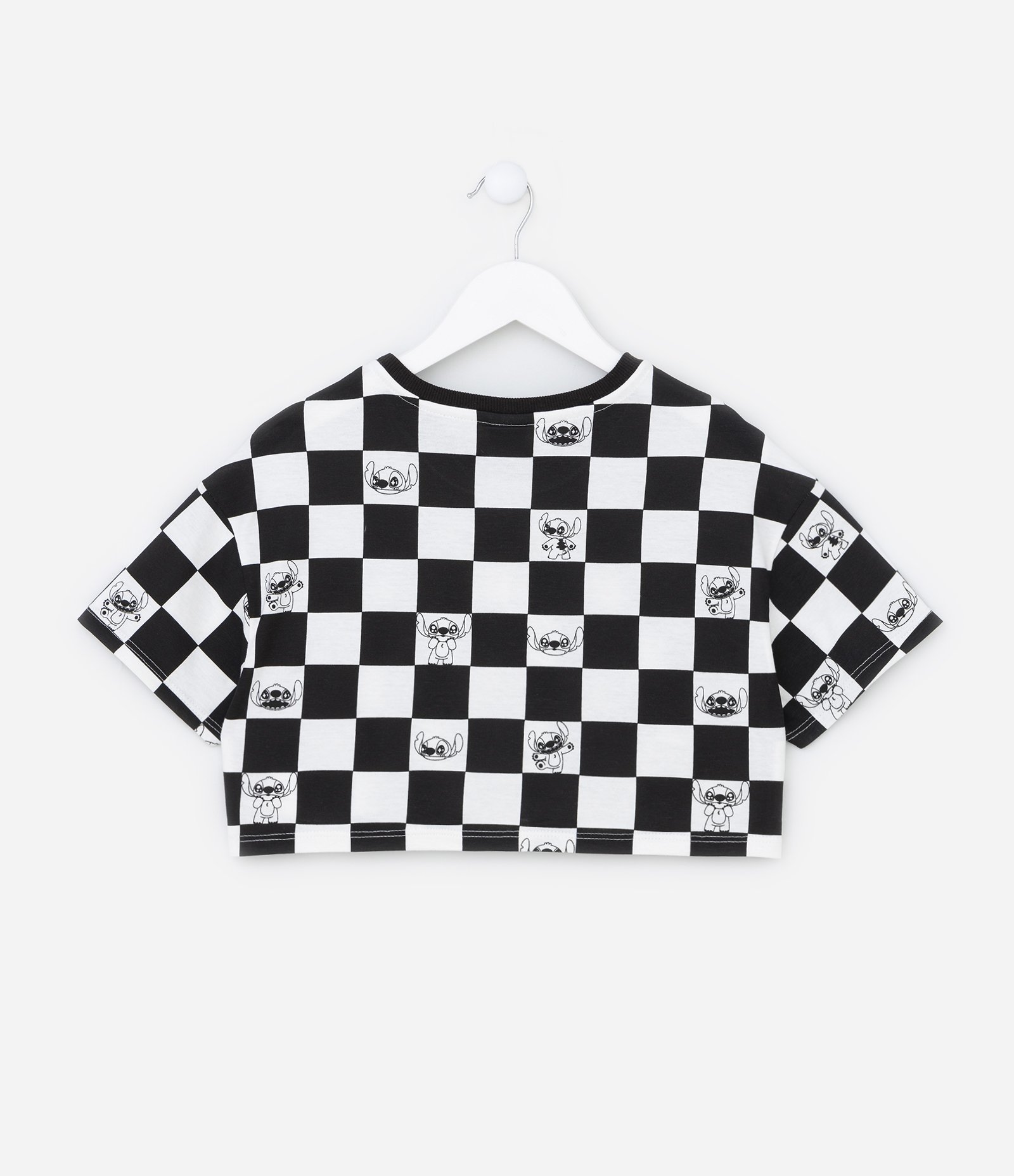 Camiseta Cropped Infantil com Estampa do Stitch Xadrez - Tam 5 a 14 Anos Preto/Branco 2