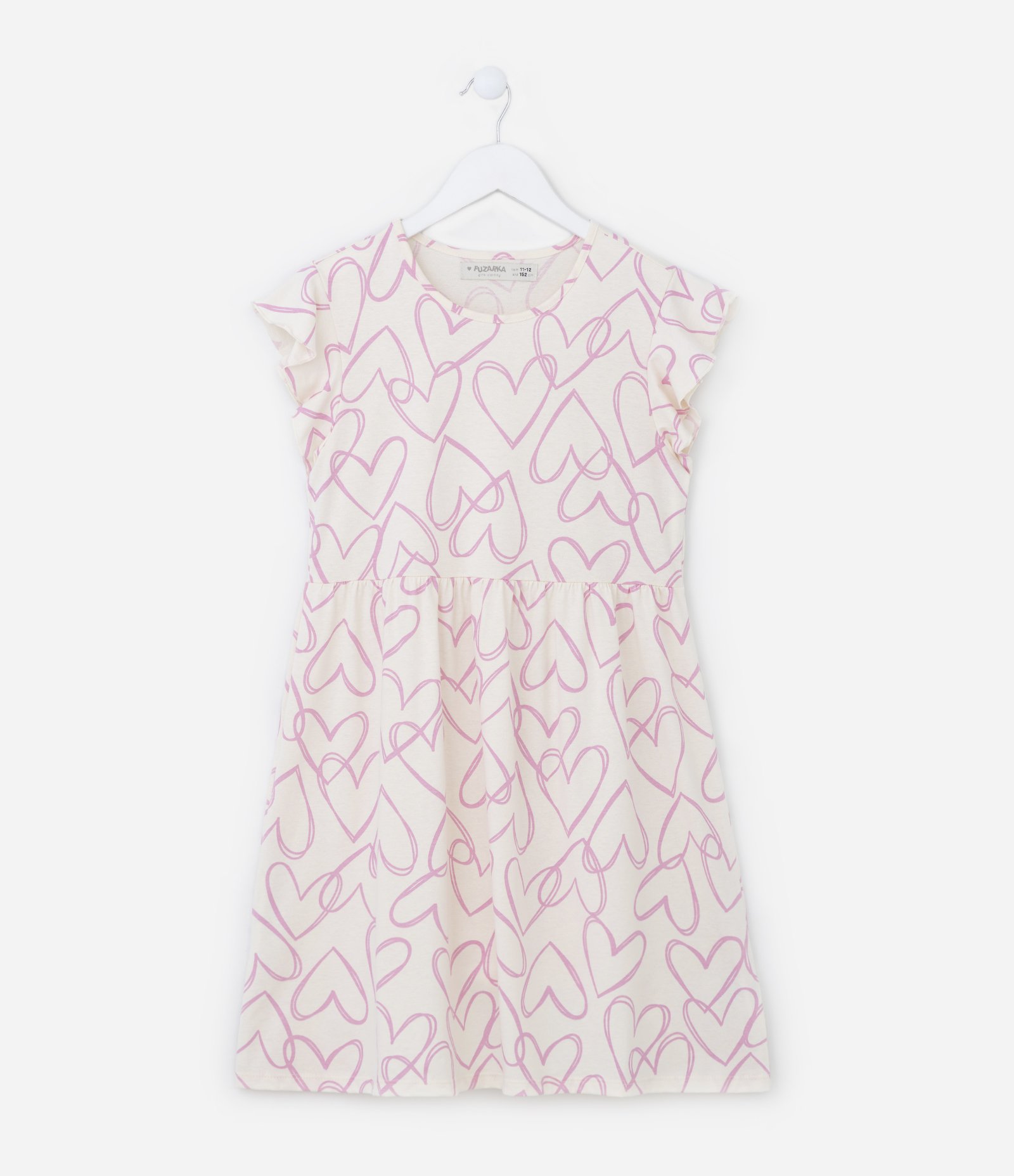 Vestido Infantil com Babadinho e Estampa de Corações - Tam 5 a 14 Anos Bege 1