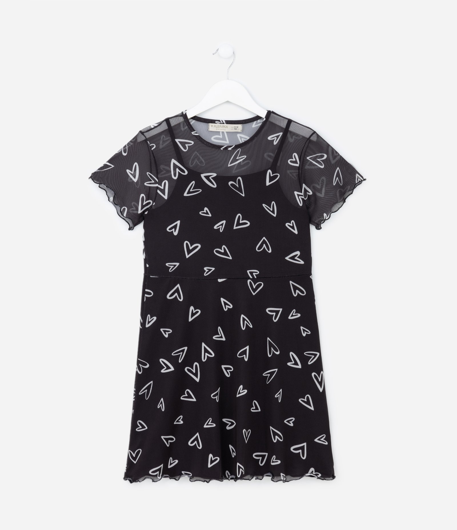 Vestido Infantil com Sobreposição em Tule e Estampa Corações - Tam 5 a 14 Anos Preto 1