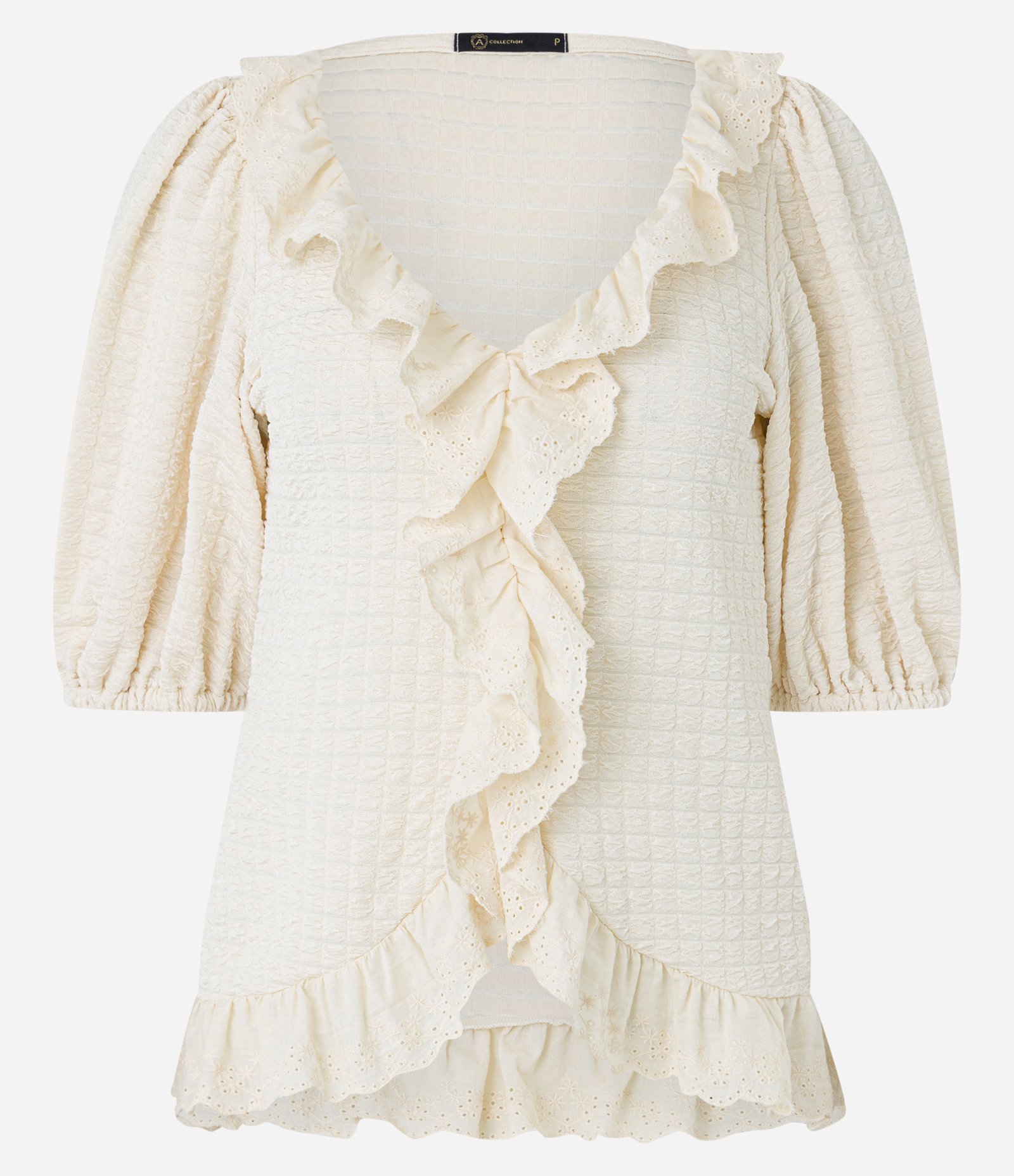 Blusa em Tecido Texturizado com Manga Bufante e Babados Off White 5