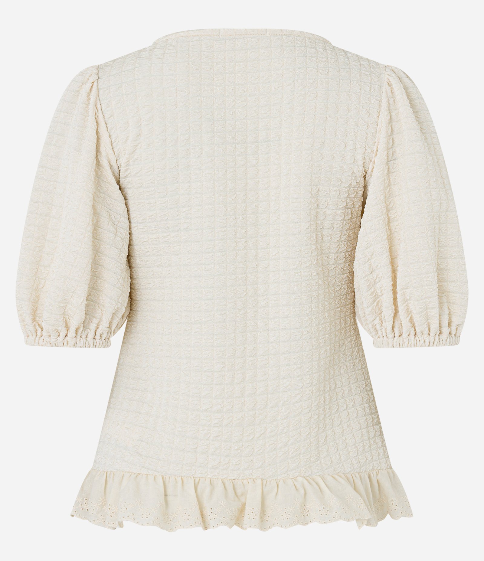 Blusa em Tecido Texturizado com Manga Bufante e Babados Off White 7