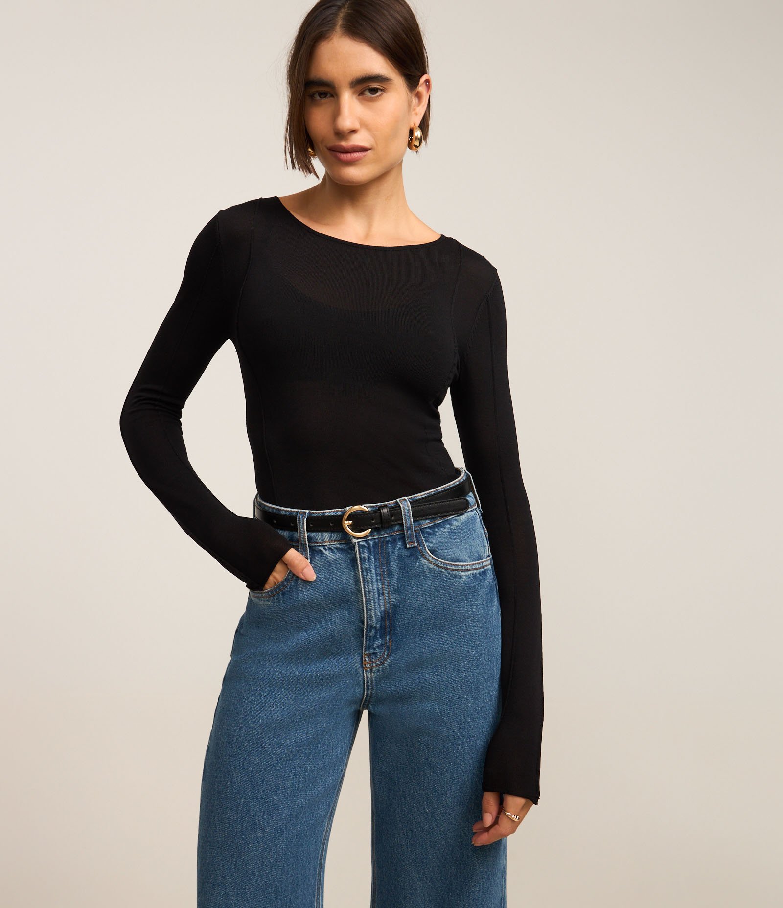 Suéter em Tricô com Gola Redonda e Frisos Frontais Preto 1