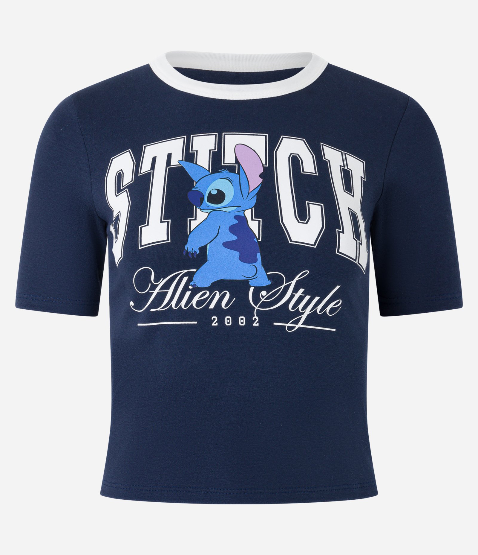 Camiseta Curta em Algodão Estampa Stitch Azul Marinho