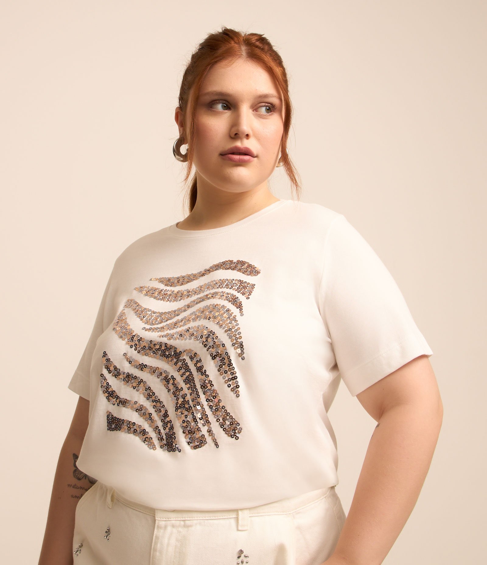 Blusa em Algodão com Paetês Bordados Curve & Plus Size Branco 1